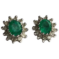 Antique Emerald and Diamond 9 Carat Gold Cluster Stud Earrings