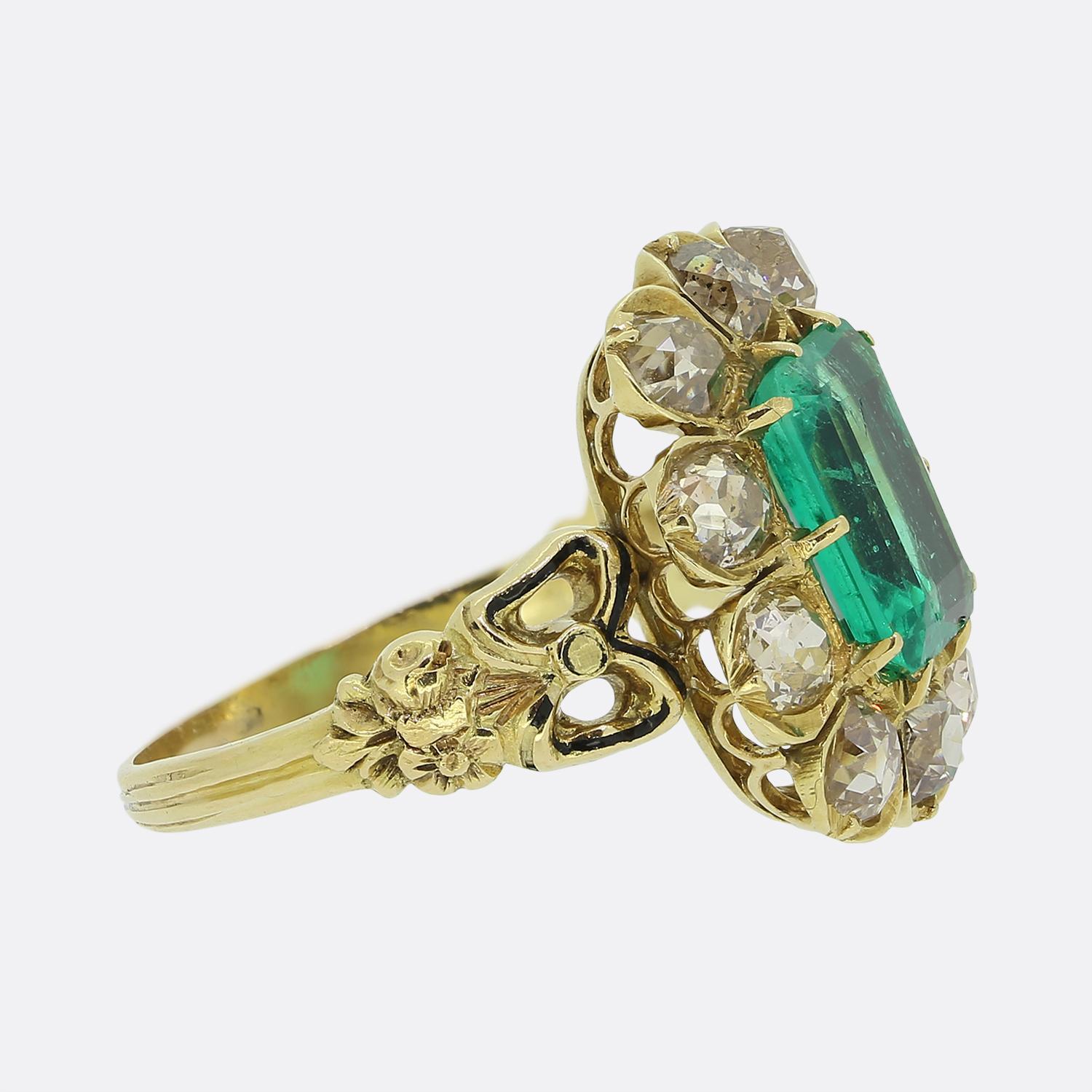 Victorian Antique Emerald and Diamond Cluster Ring