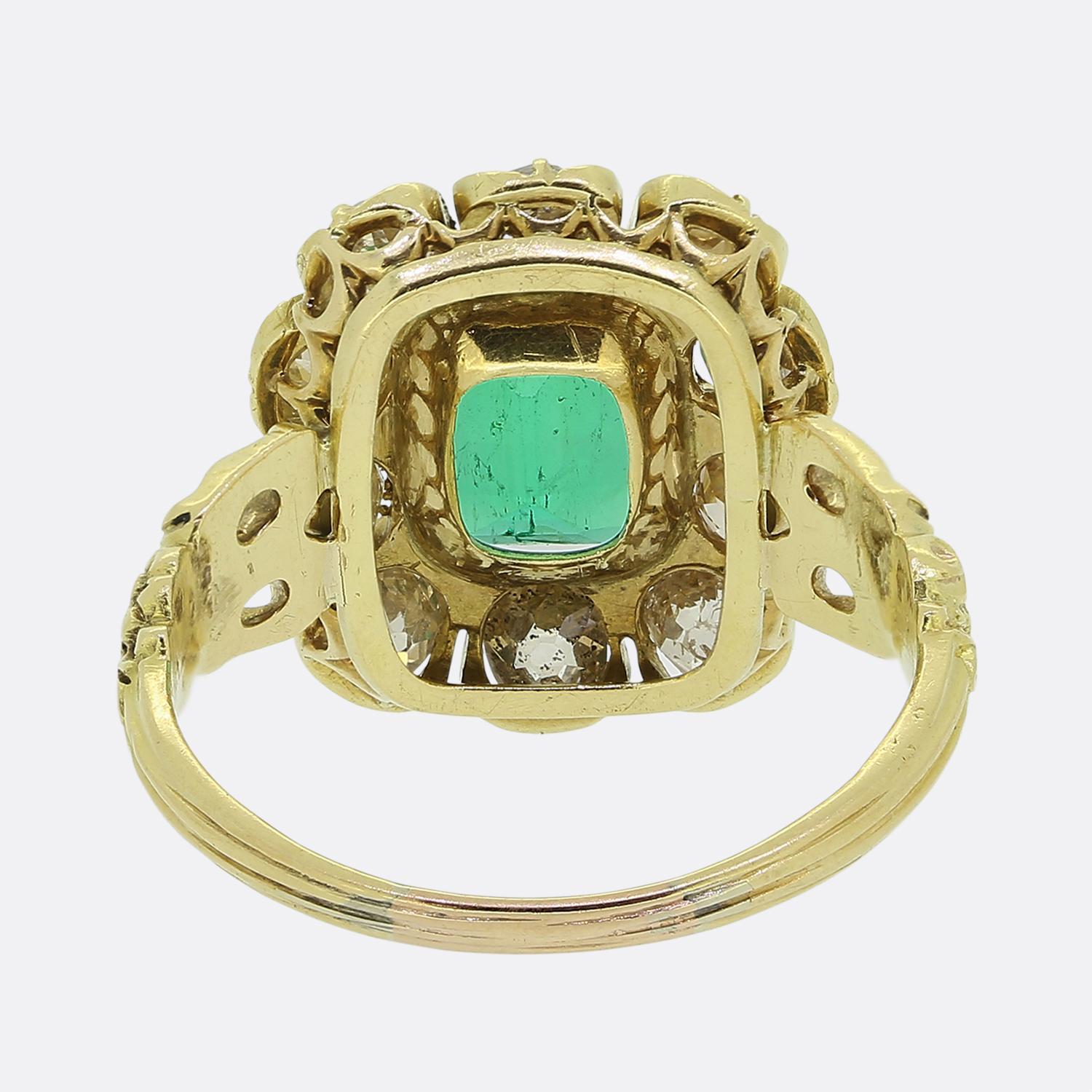 Old Mine Cut Antique Emerald and Diamond Cluster Ring