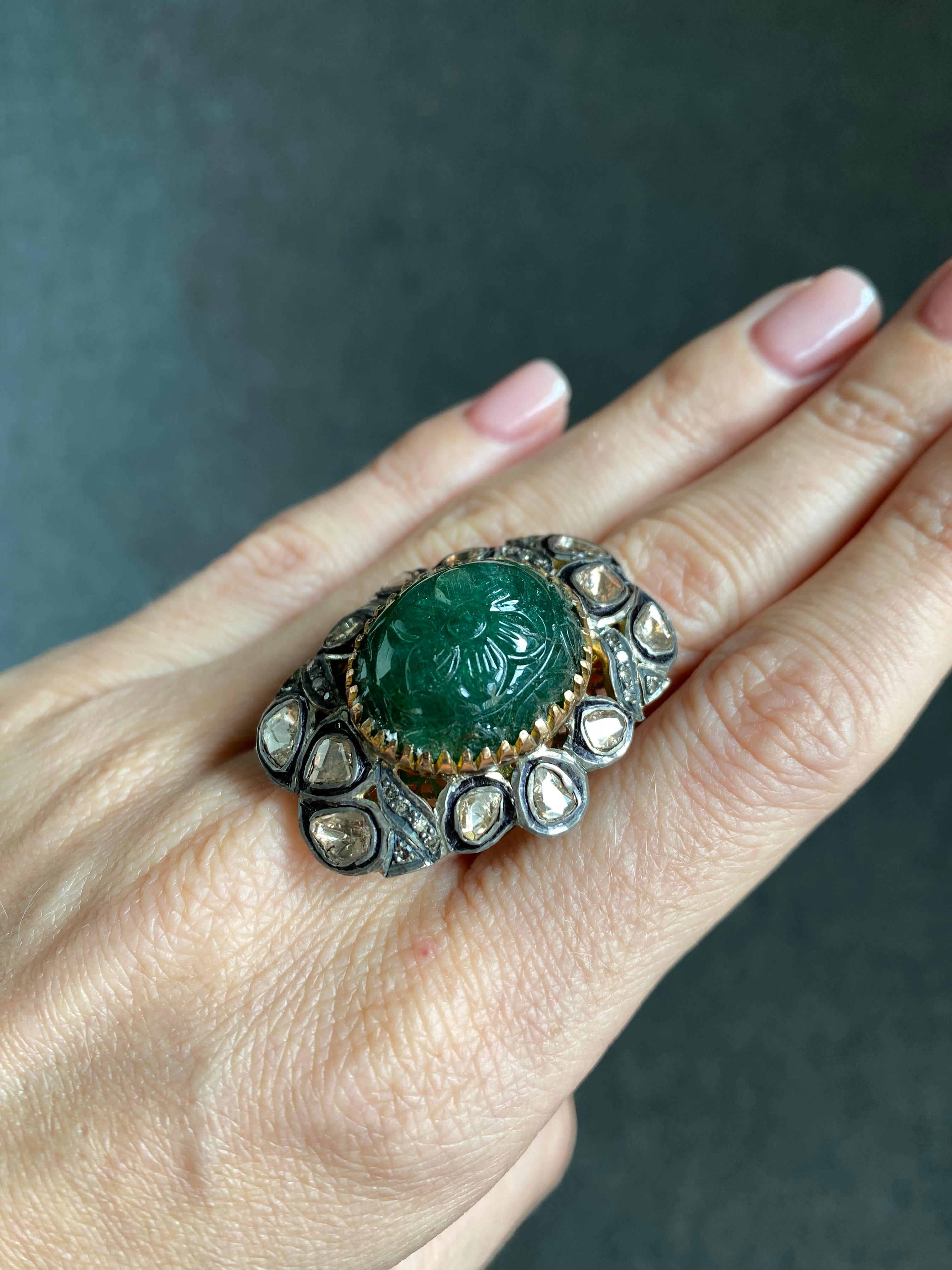 Antique Emerald and Diamond Cocktail Ring  For Sale 4