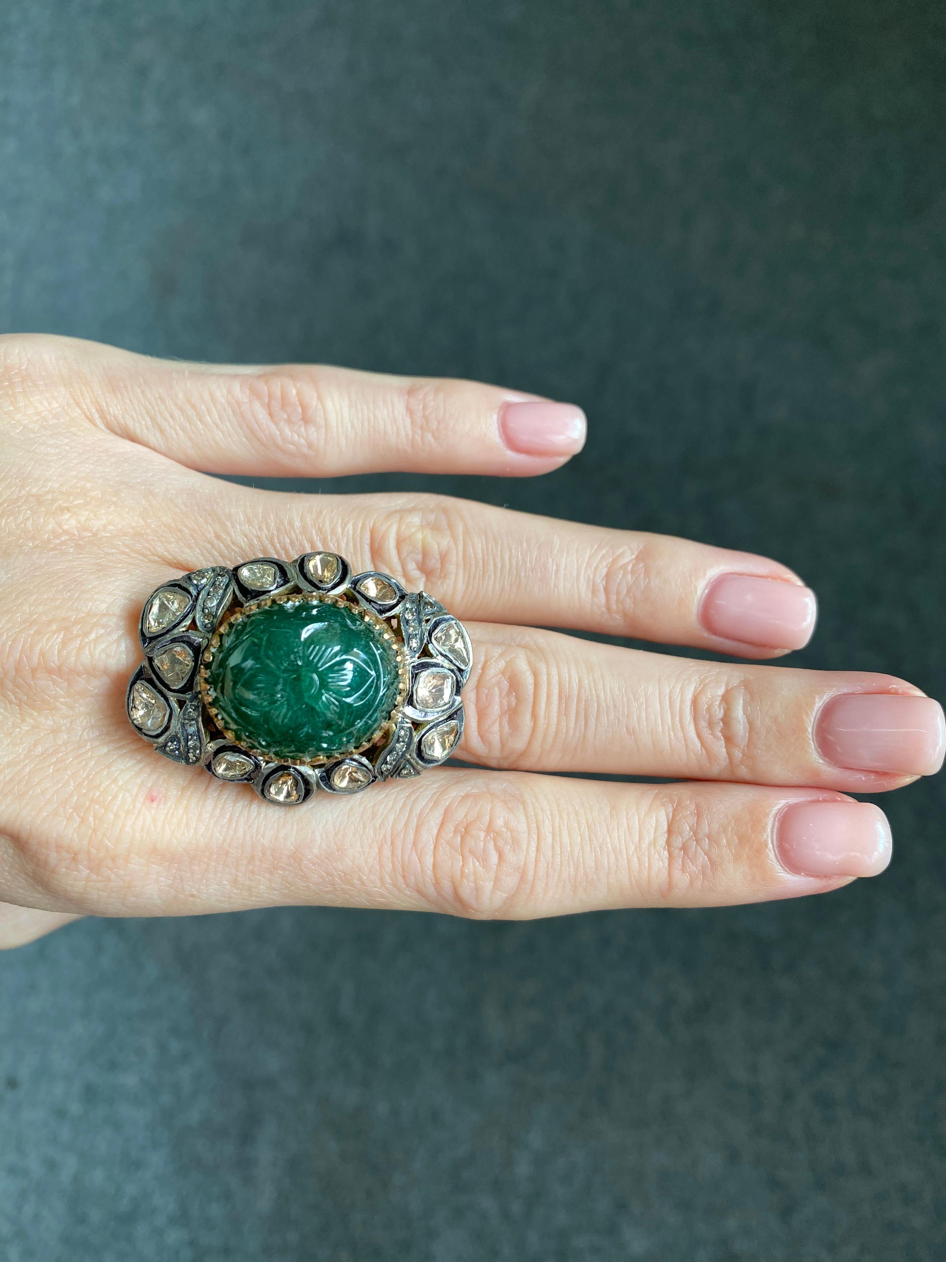 Antique Emerald and Diamond Cocktail Ring  For Sale 5