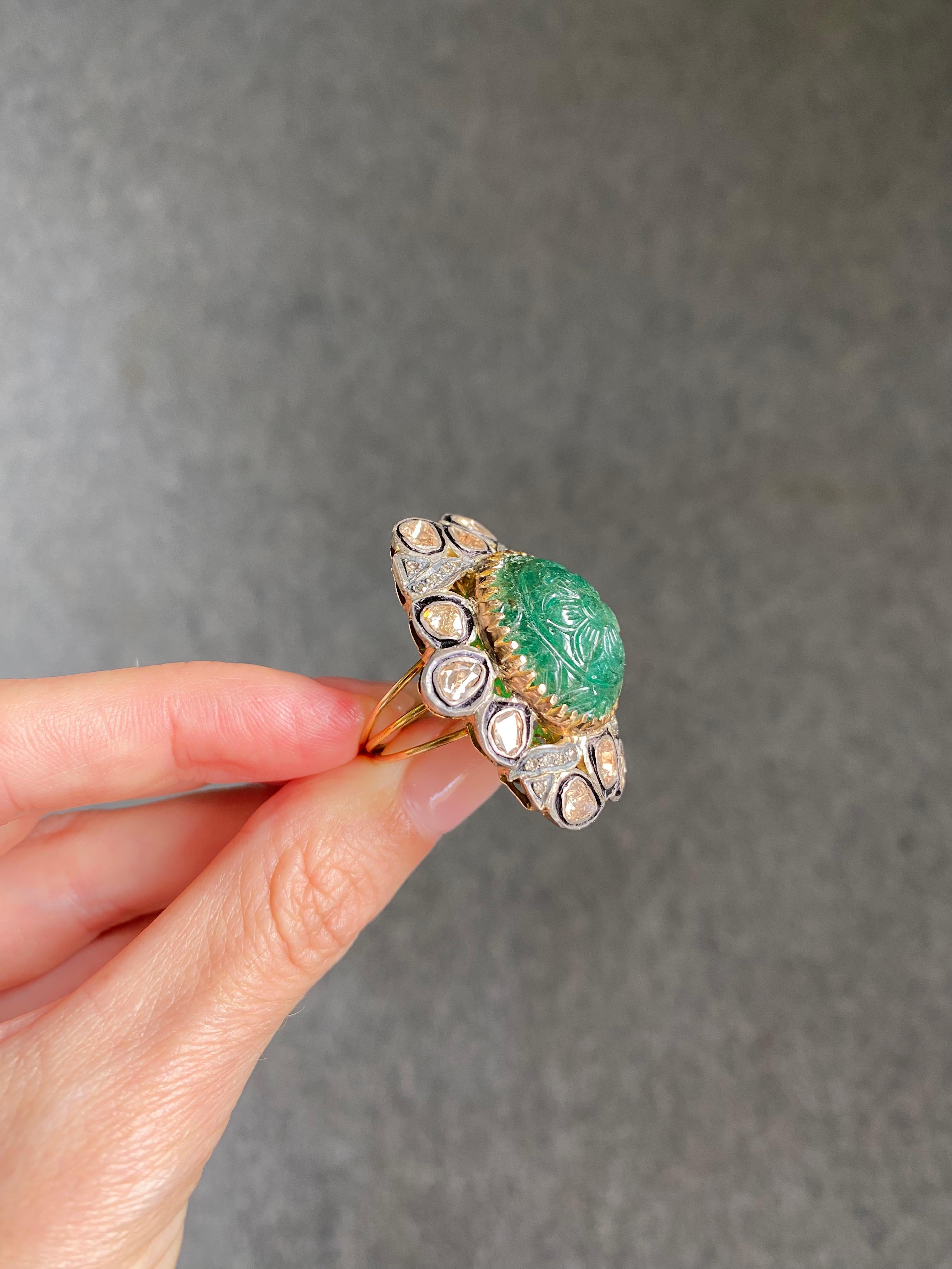 Antique Emerald and Diamond Cocktail Ring  For Sale 6