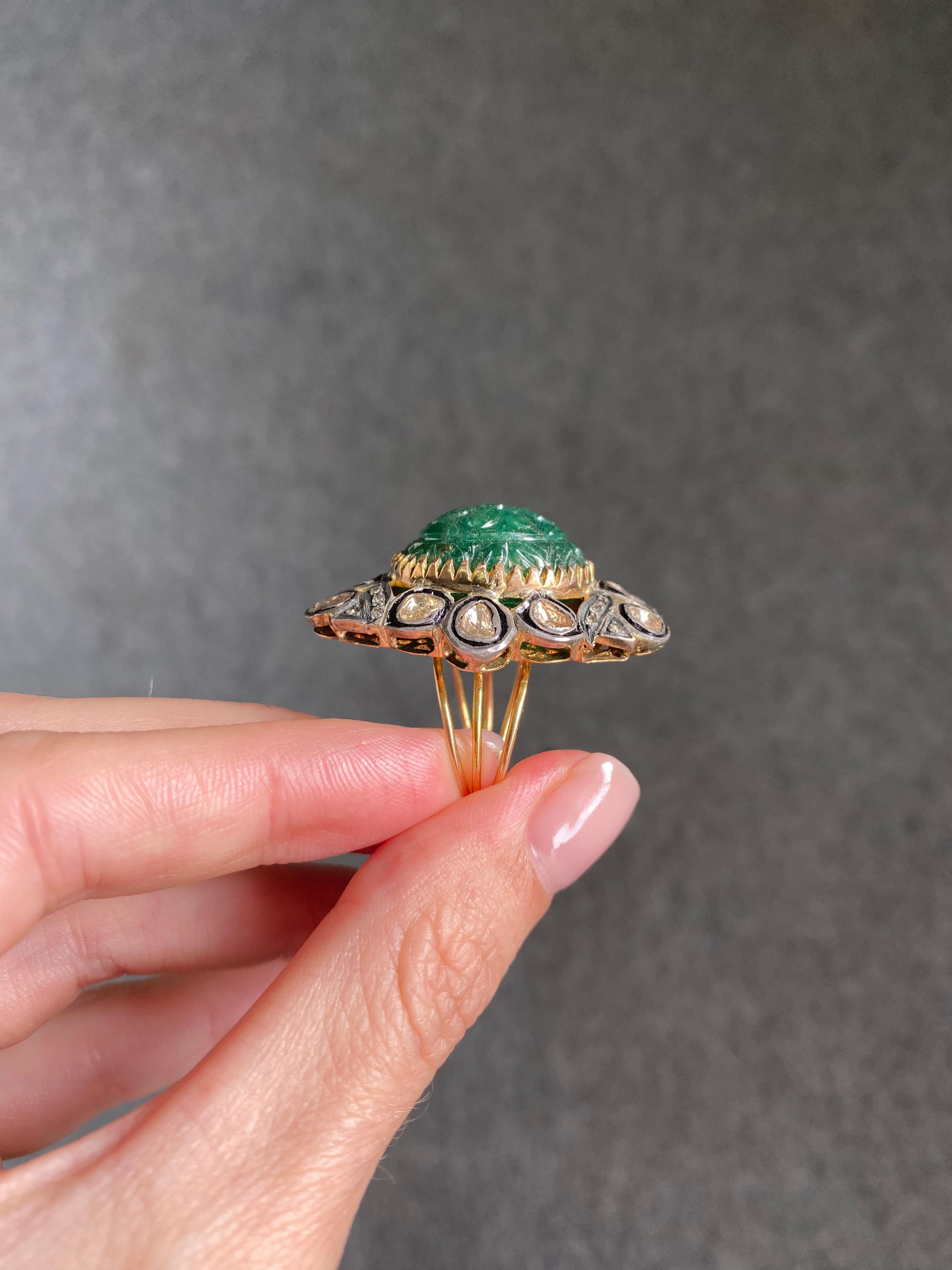Antique Emerald and Diamond Cocktail Ring  For Sale 7