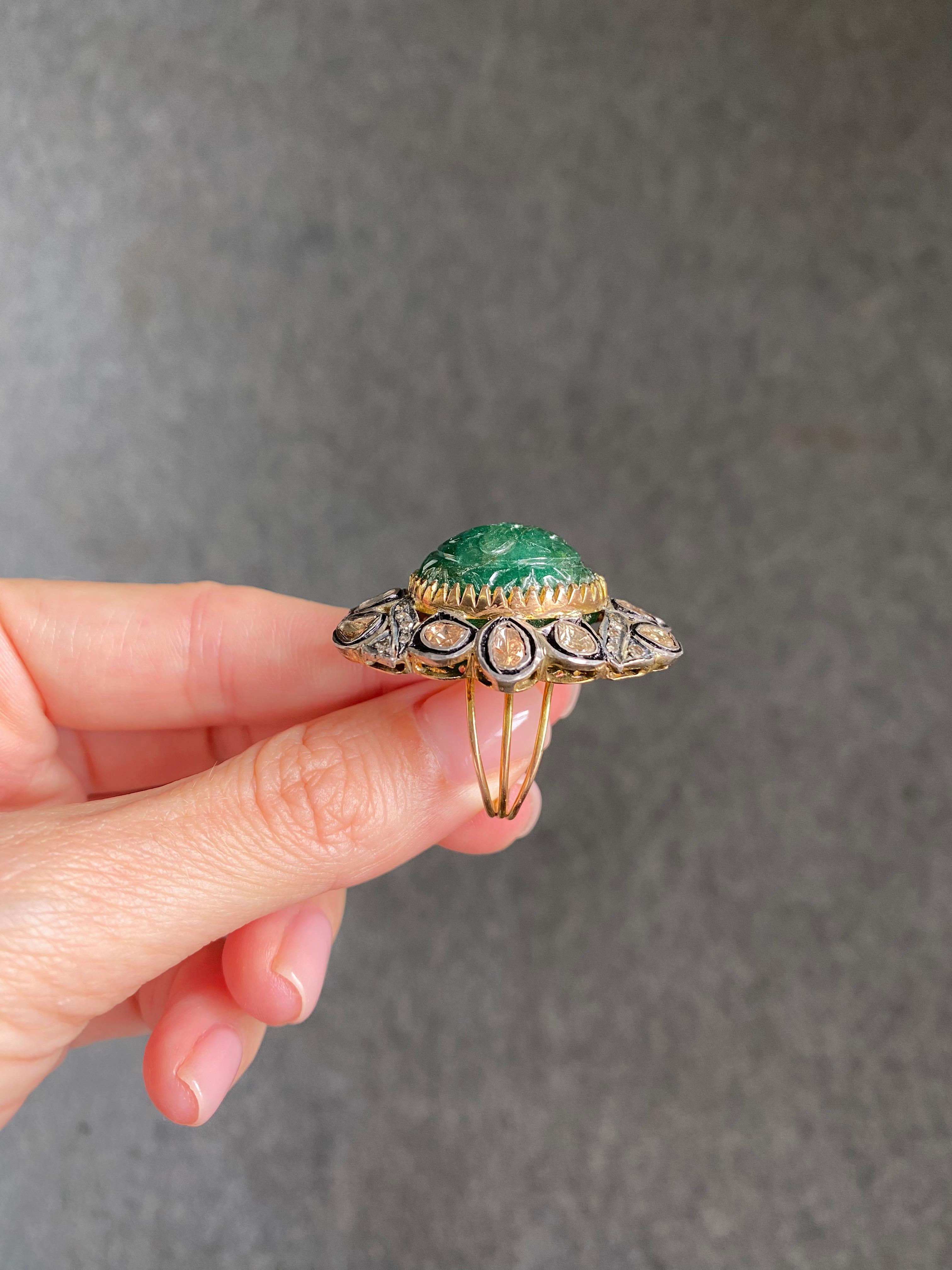 Antique Emerald and Diamond Cocktail Ring  For Sale 8