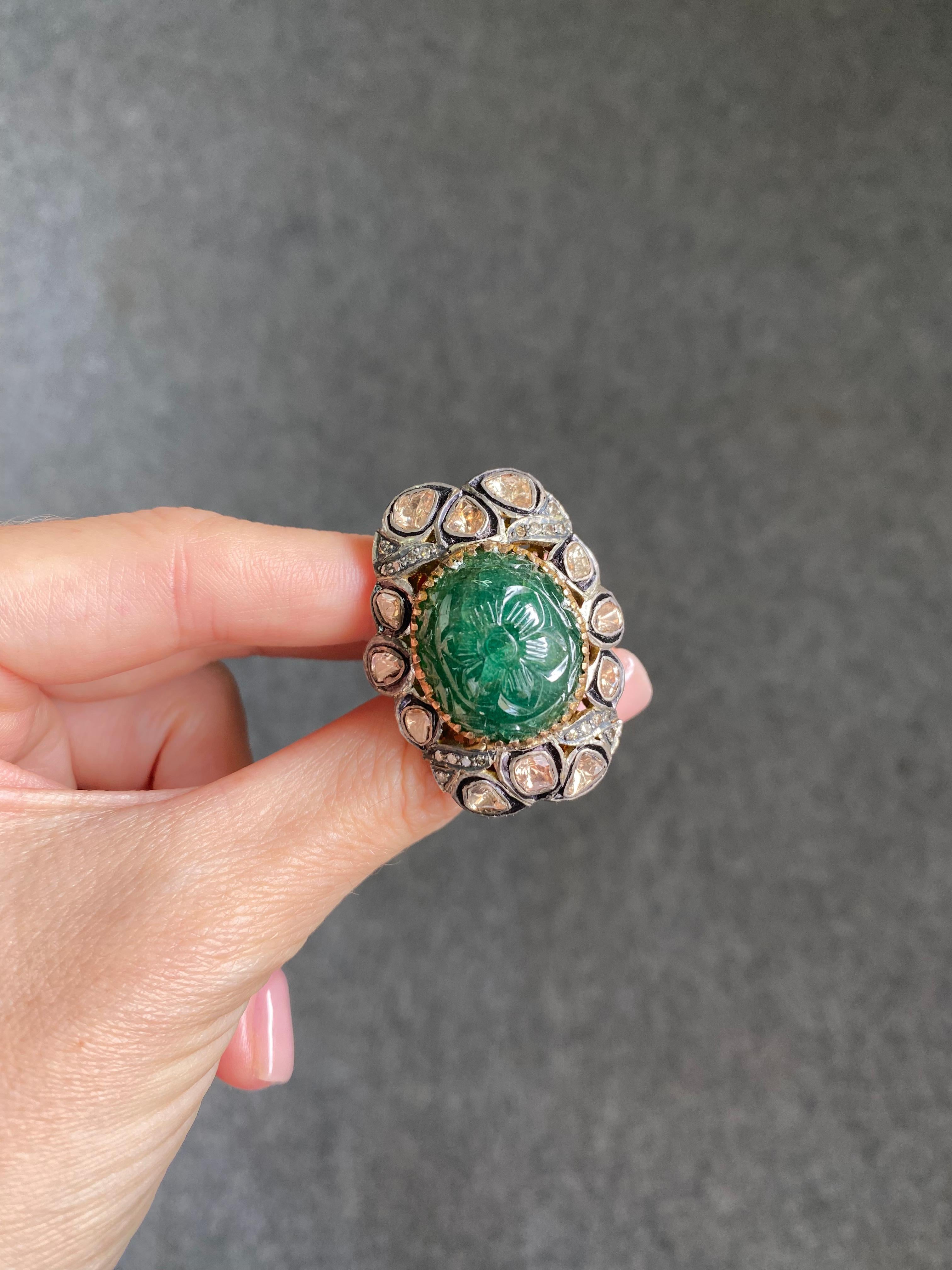 Antique Emerald and Diamond Cocktail Ring  For Sale 9