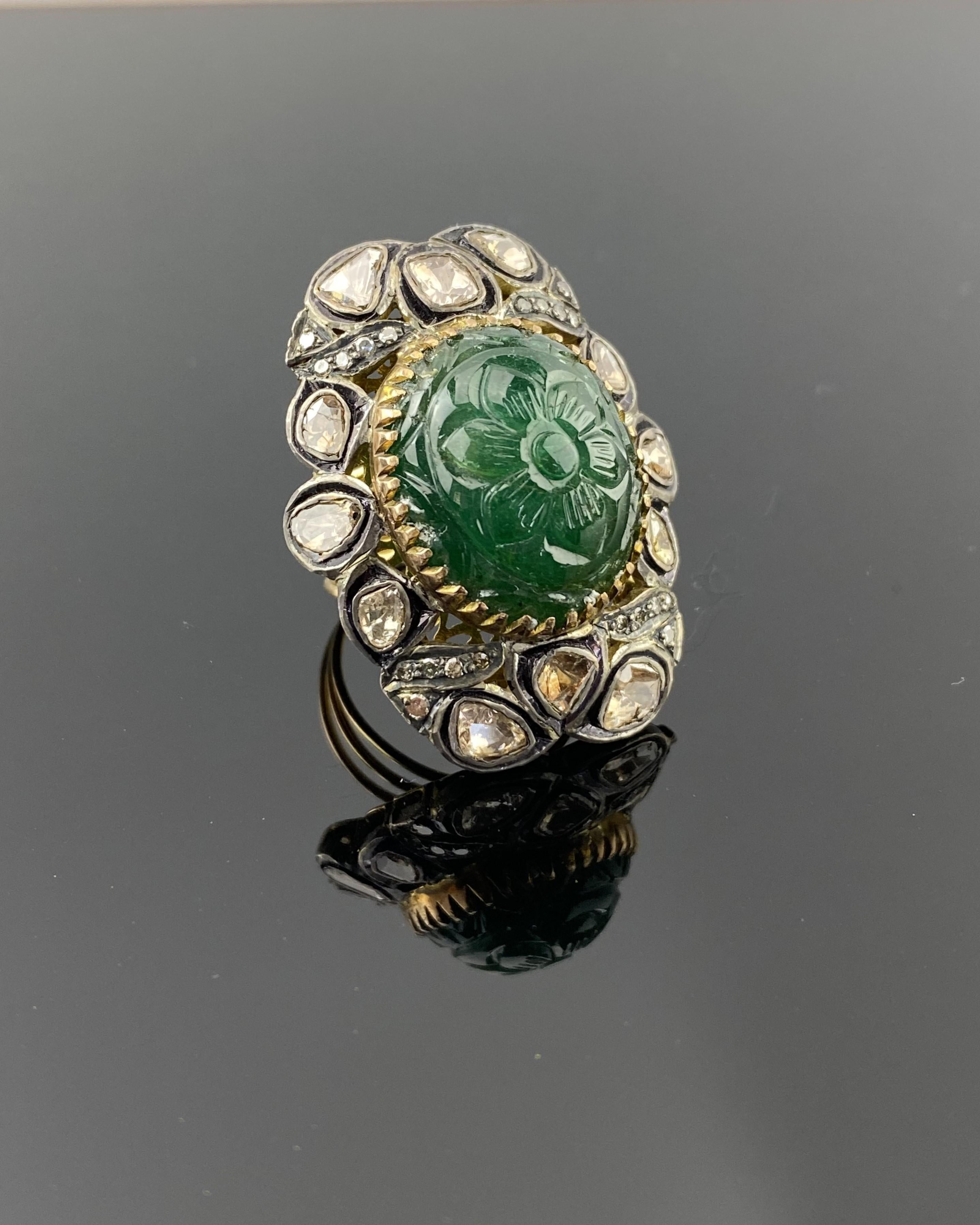 Women's or Men's Antique Emerald and Diamond Cocktail Ring  For Sale