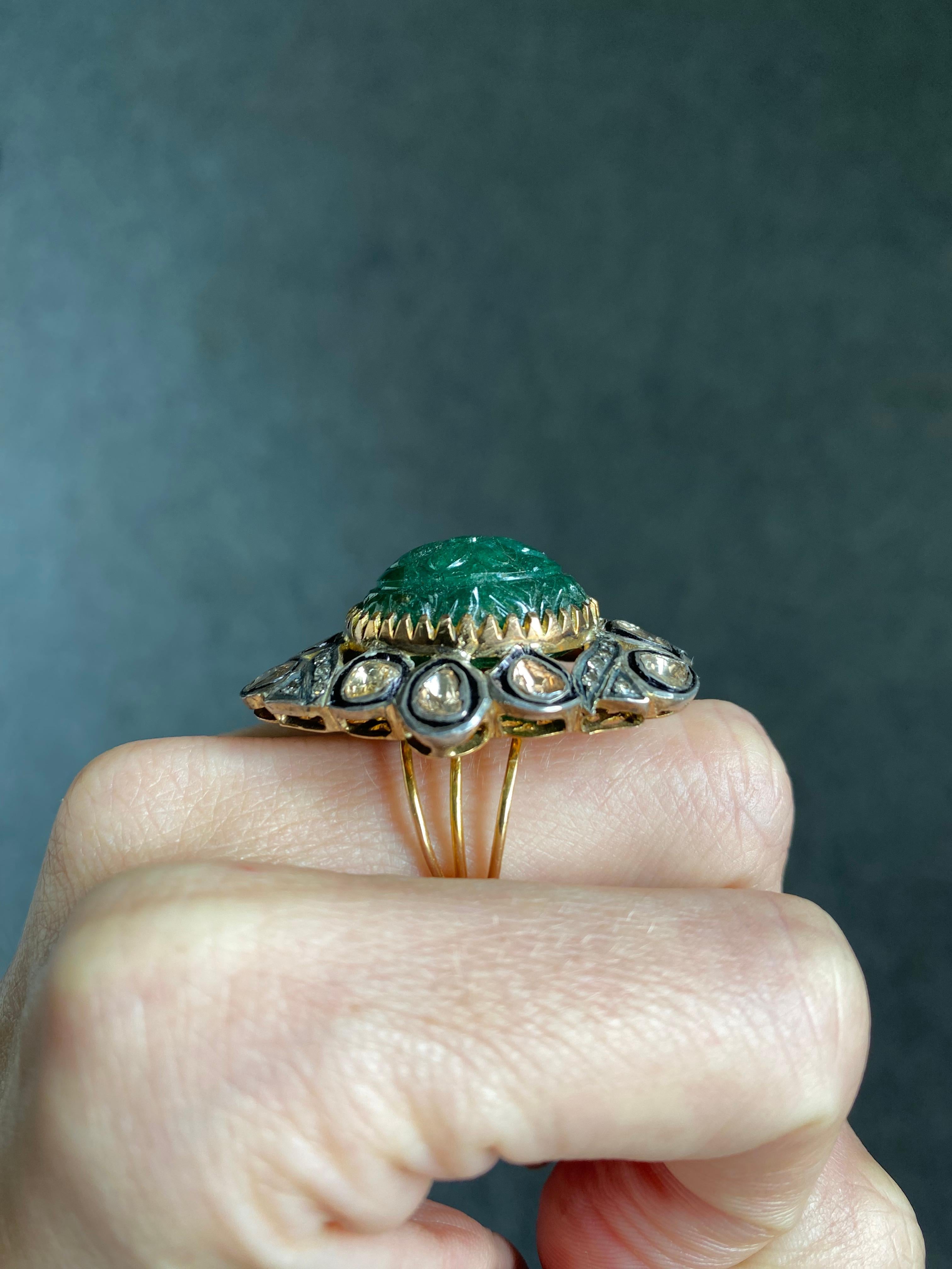 Antique Emerald and Diamond Cocktail Ring  For Sale 1