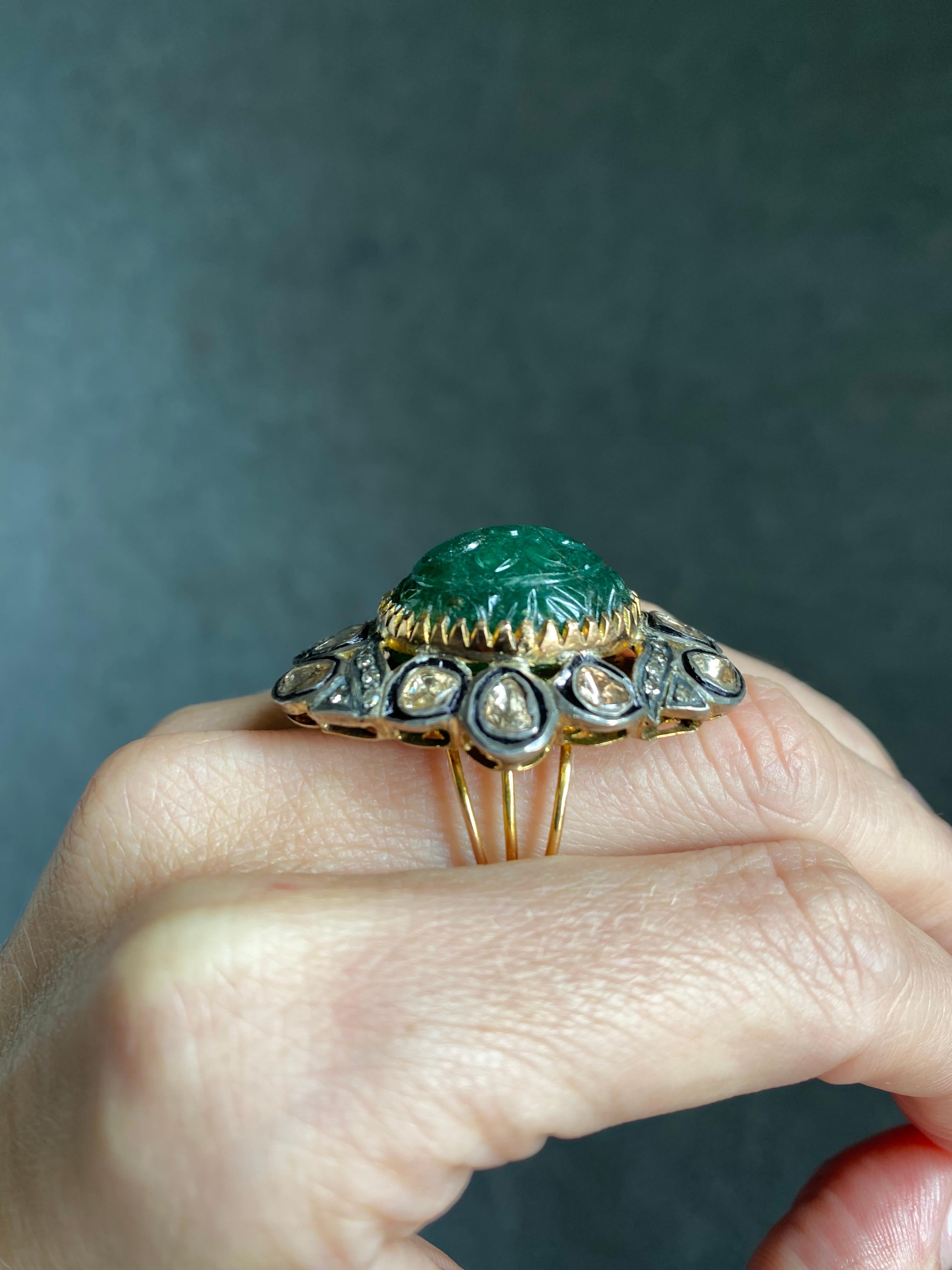 Antique Emerald and Diamond Cocktail Ring  For Sale 2
