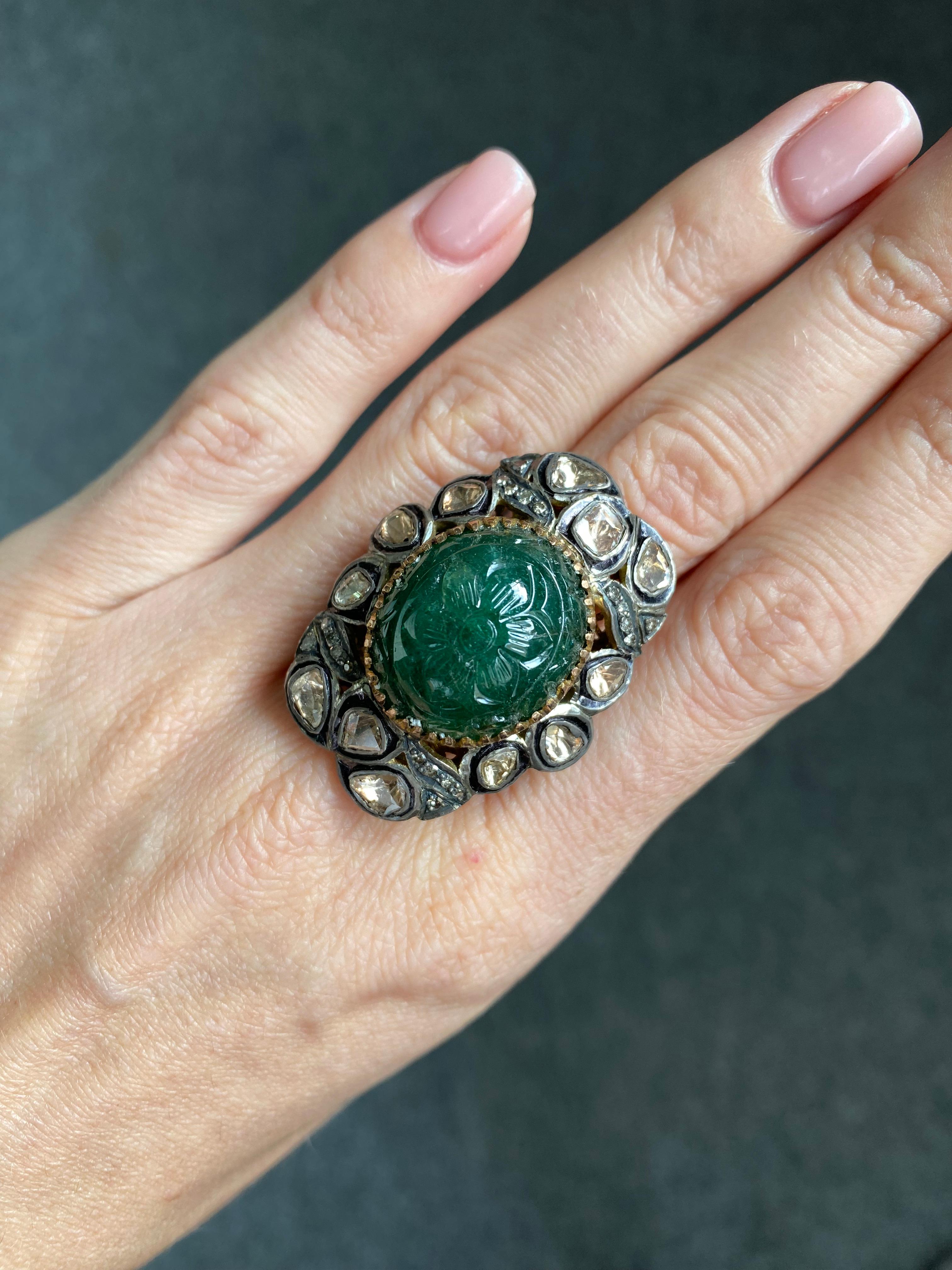 Antique Emerald and Diamond Cocktail Ring  For Sale 3