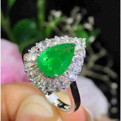 Art Deco 2.75 CT Pear Cut Natural Emerald With 1.45 CT Diamond Engagement Ring