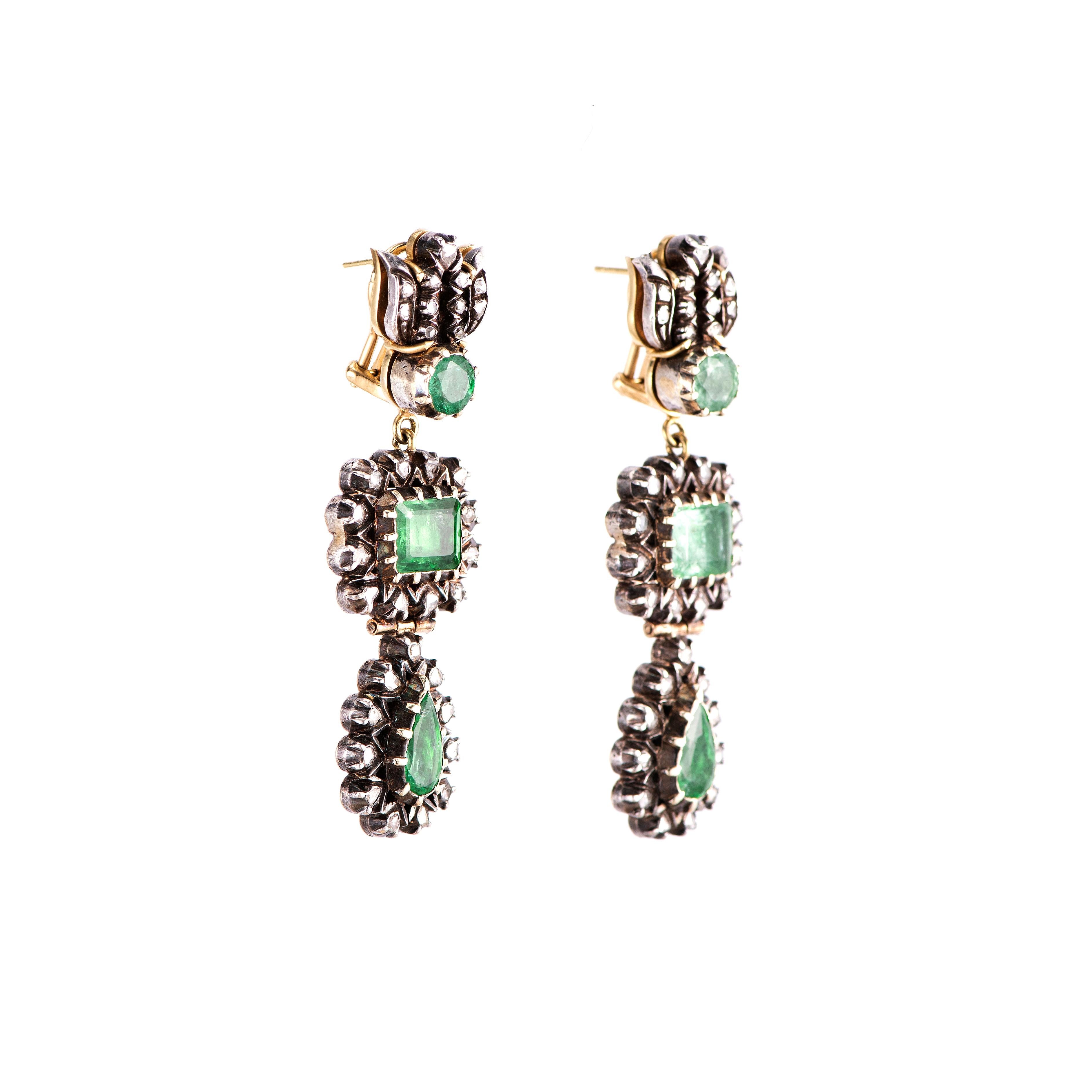 Mixed Cut Sylva & Cie Antique Georgian Emerald and Diamond Drop Earrings For Sale