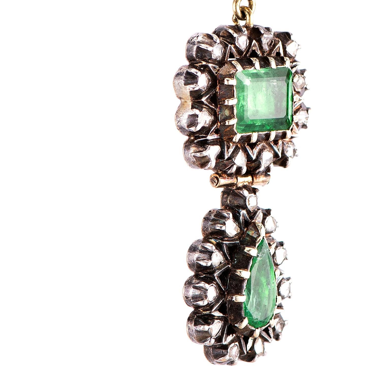 Sylva & Cie Antique Georgian Emerald and Diamond Drop Earrings In New Condition For Sale In Los Angeles, CA