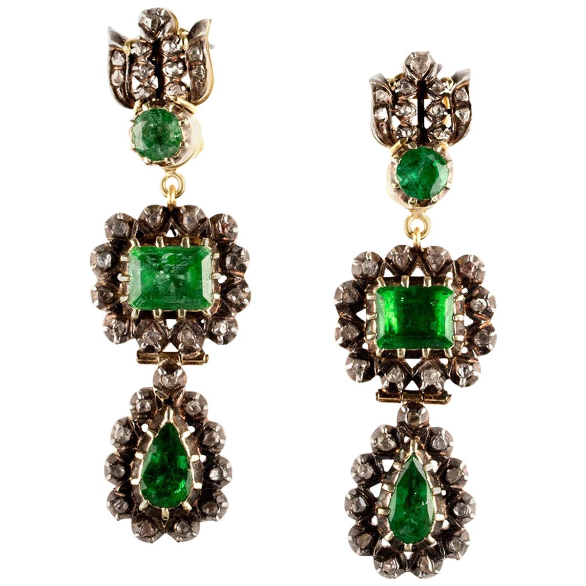 Sylva & Cie Antique Georgian Emerald and Diamond Drop Earrings For Sale