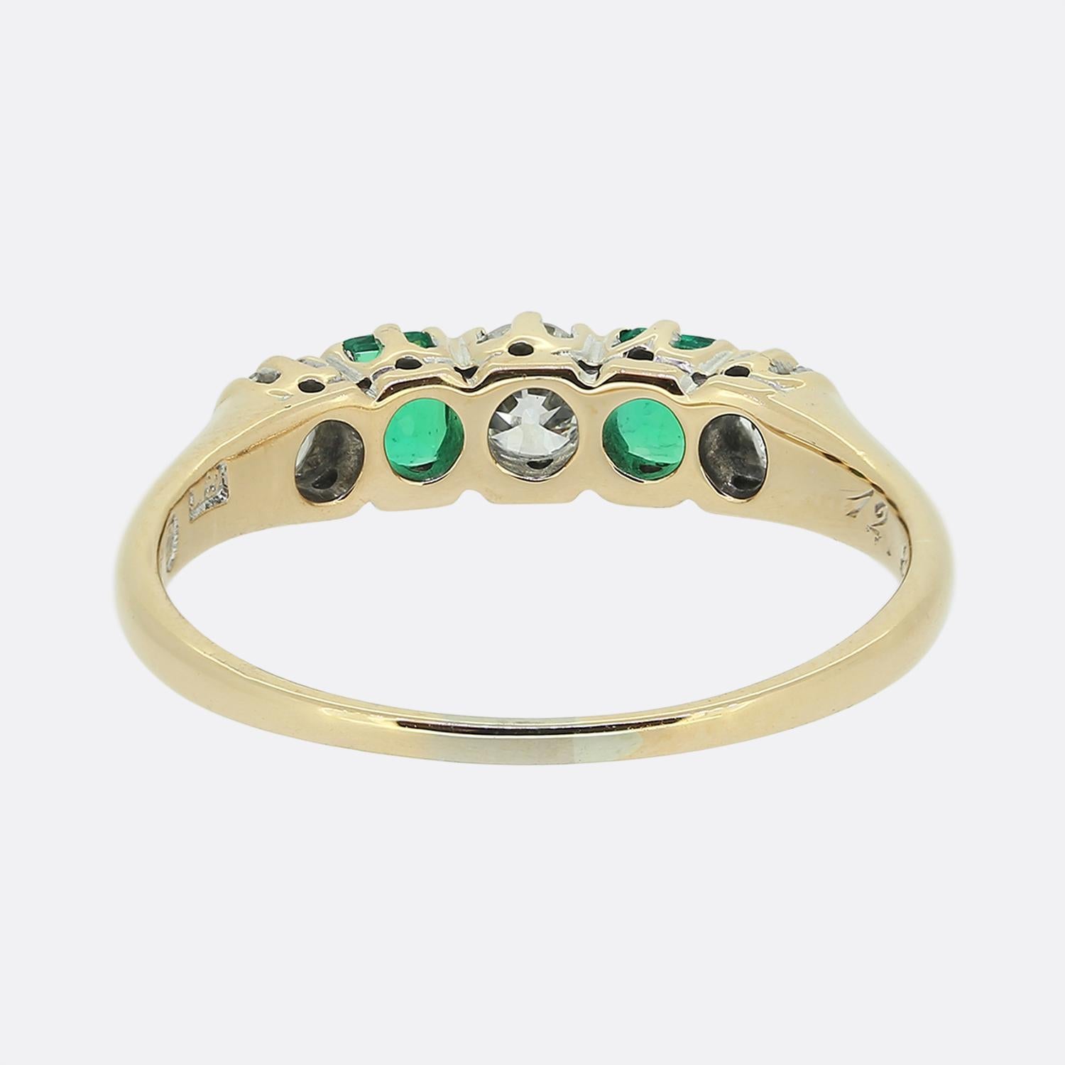 Round Cut Antique Emerald and Diamond Five-Stone Ring