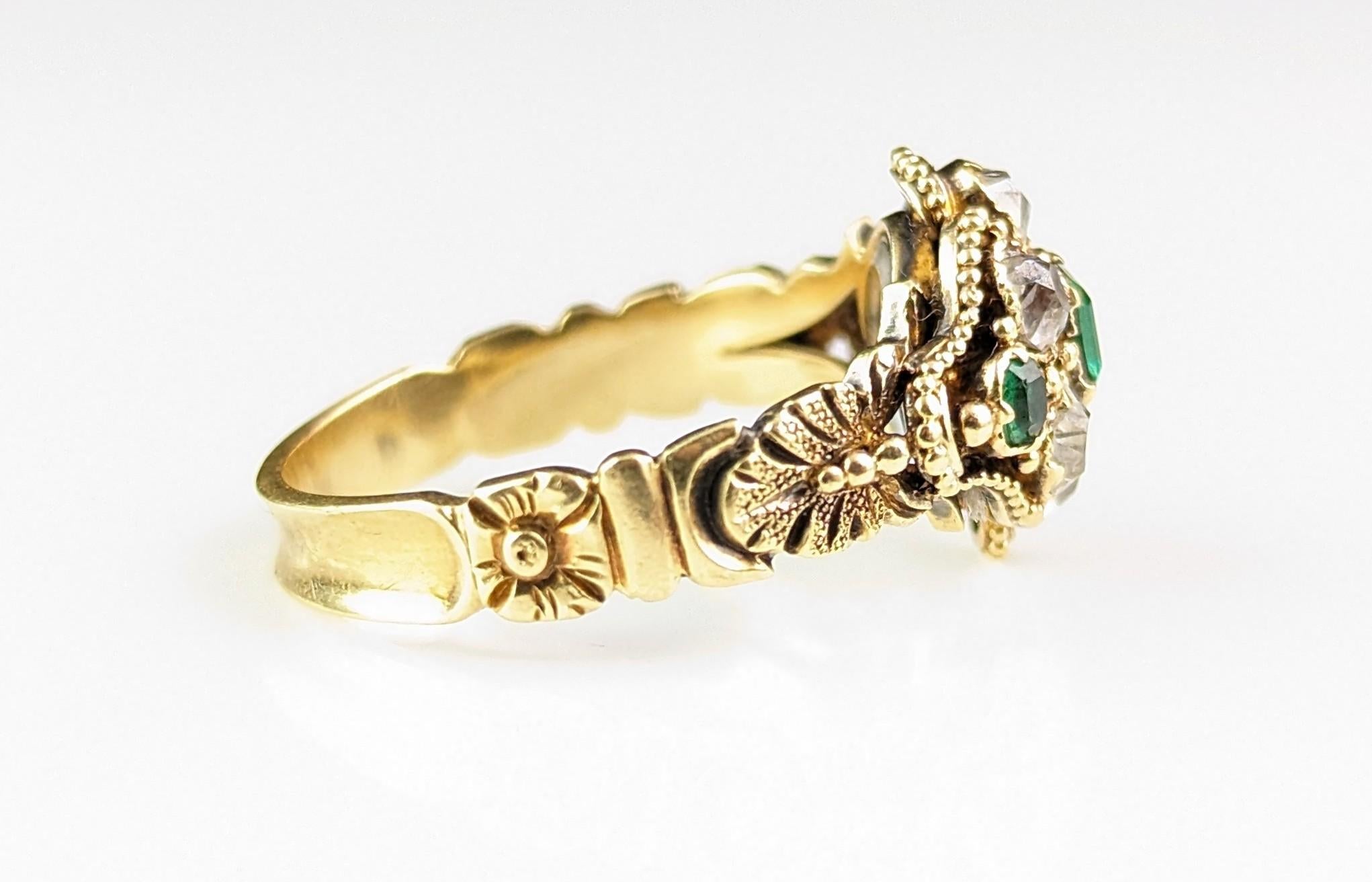 Antique Emerald and Diamond floral cluster ring, 18k yellow gold  For Sale 5