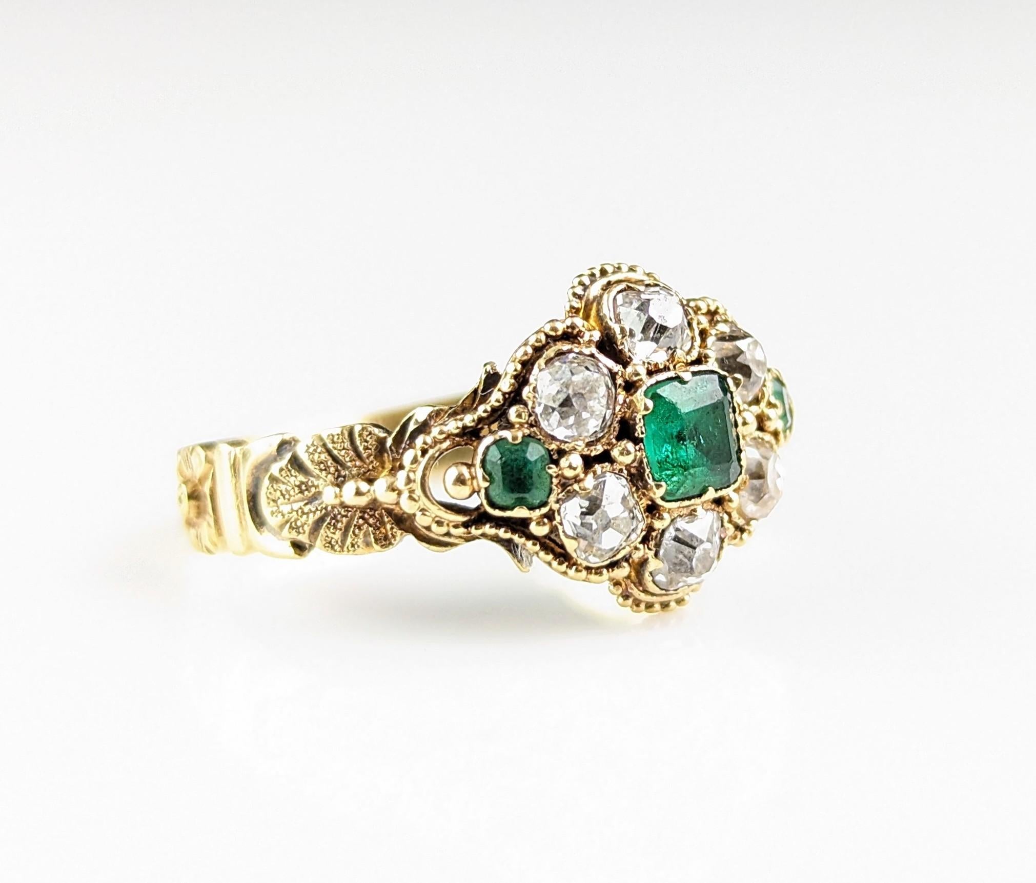 Antique Emerald and Diamond floral cluster ring, 18k yellow gold  For Sale 7