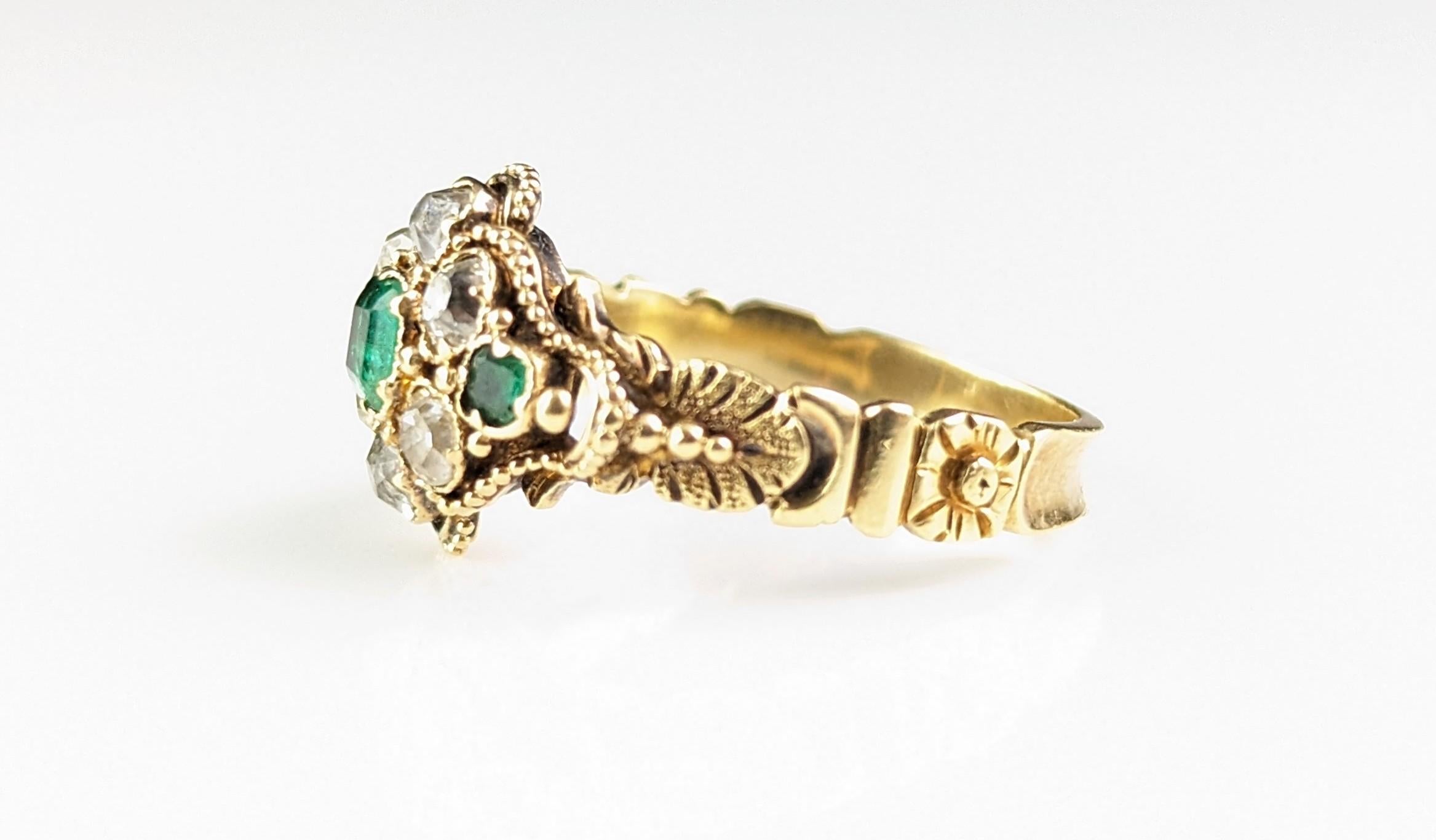 Antique Emerald and Diamond floral cluster ring, 18k yellow gold  For Sale 8