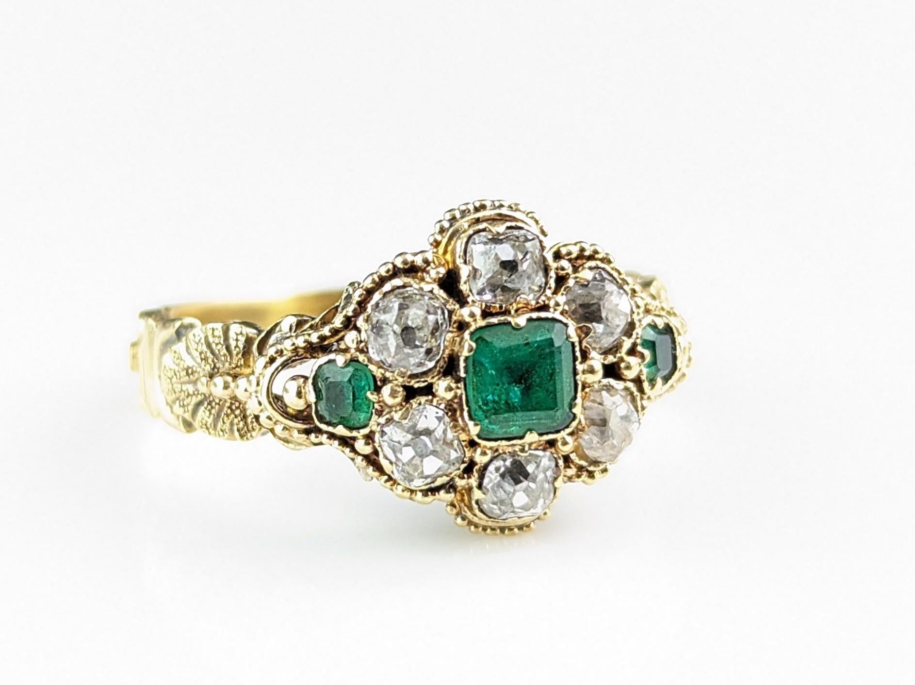 Antique Emerald and Diamond floral cluster ring, 18k yellow gold  For Sale 9