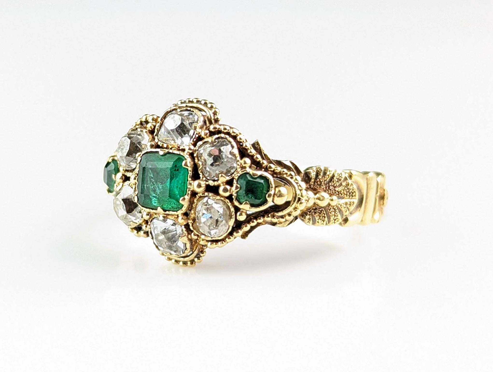Antique Emerald and Diamond floral cluster ring, 18k yellow gold  For Sale 10