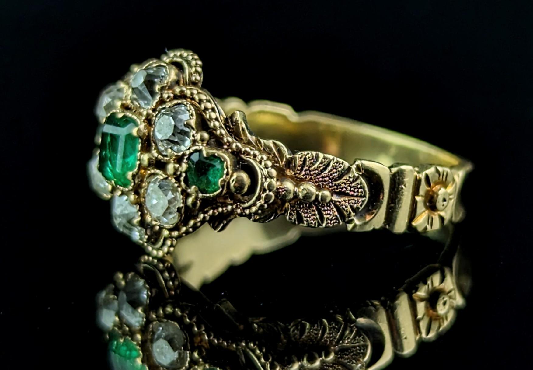Old Mine Cut Antique Emerald and Diamond floral cluster ring, 18k yellow gold  For Sale