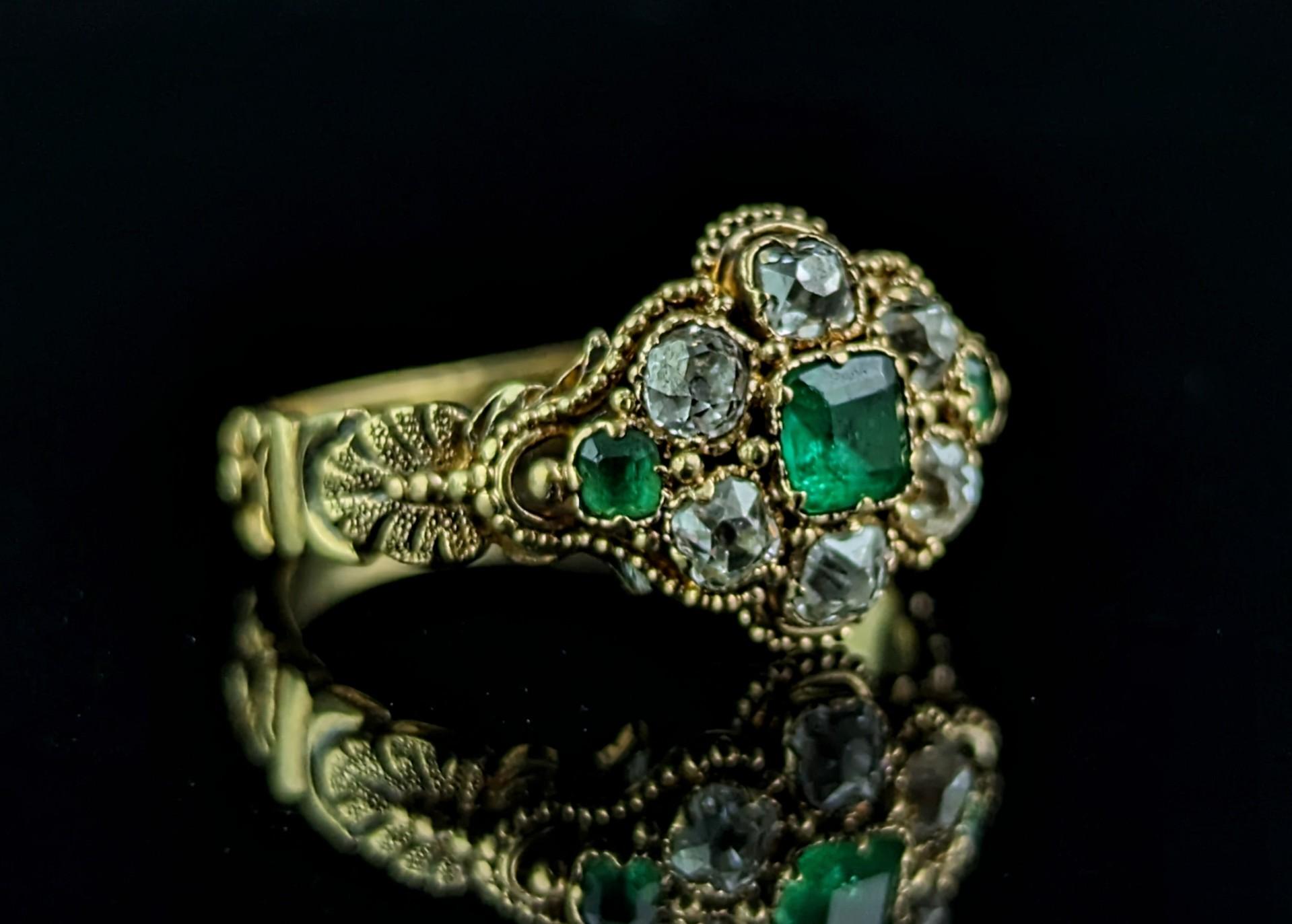 Women's Antique Emerald and Diamond floral cluster ring, 18k yellow gold  For Sale