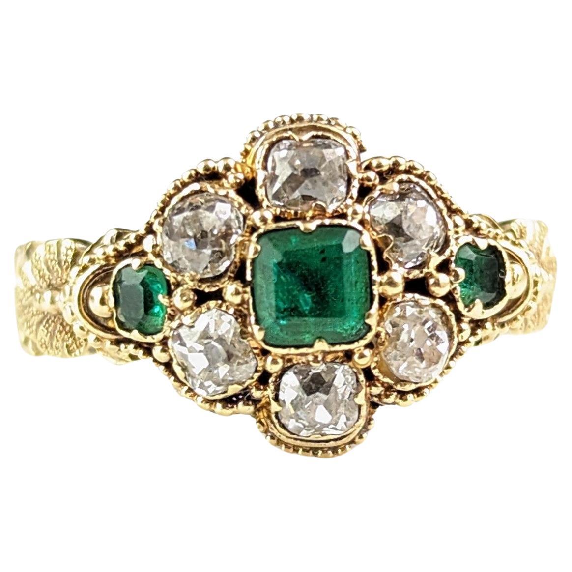 Antique Emerald and Diamond floral cluster ring, 18k yellow gold  For Sale