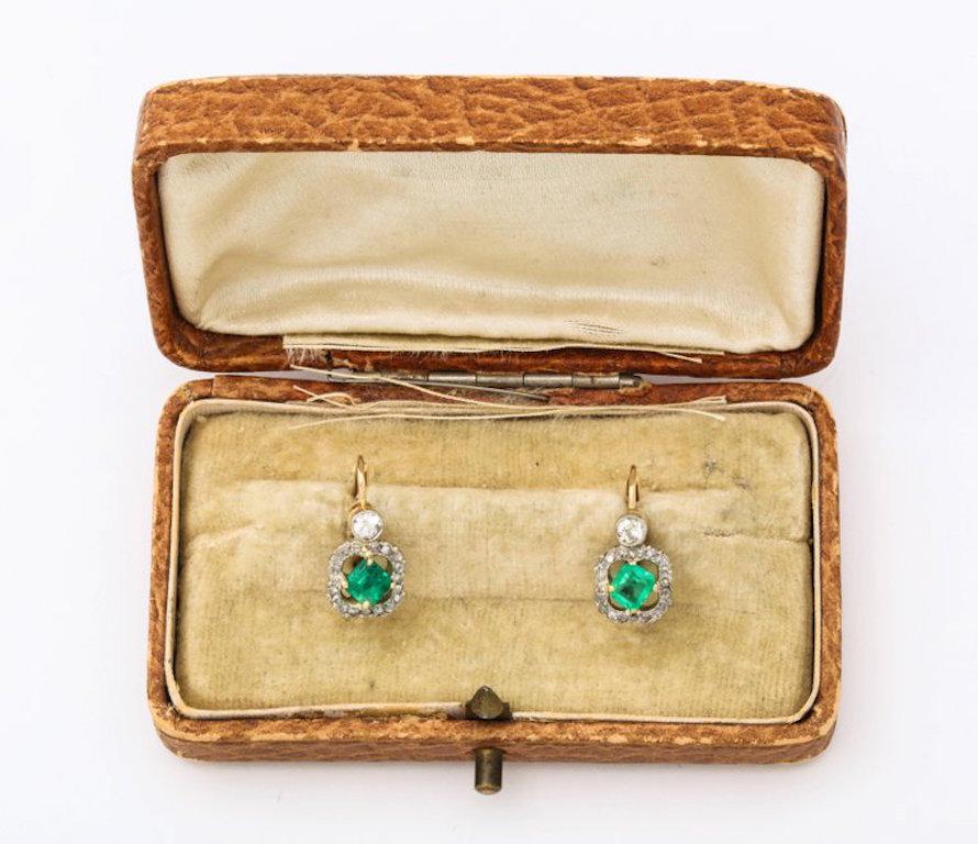 Antique Emerald and Diamond Earrings 18K (Art déco)