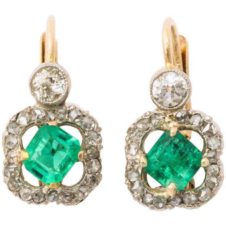 Antique Emerald and Diamond Earrings 18K