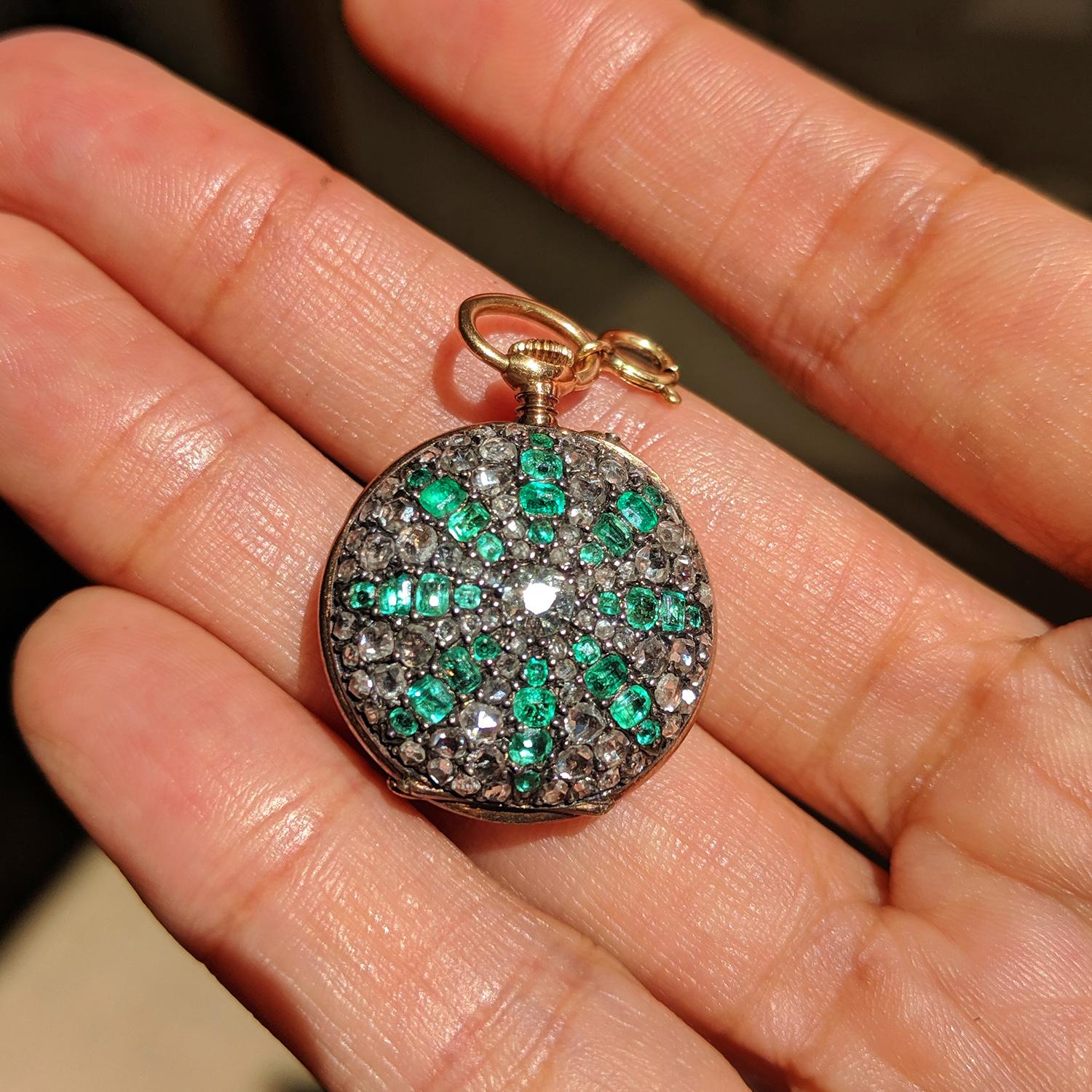 Rose Cut Antique Emerald Diamond Pendant Watch Lecoultre Movement