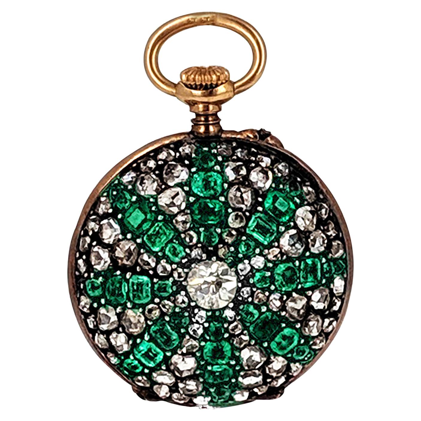 Antique Emerald Diamond Pendant Watch Lecoultre Movement