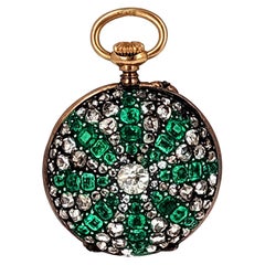 Antique Emerald Diamond Pendant Watch Lecoultre Movement