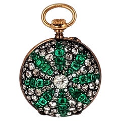 Antique Emerald Diamond Pendant Watch Lecoultre Movement