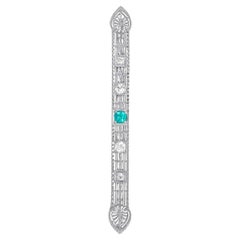 Antique, Emerald and Diamond Pin in 14k White Gold