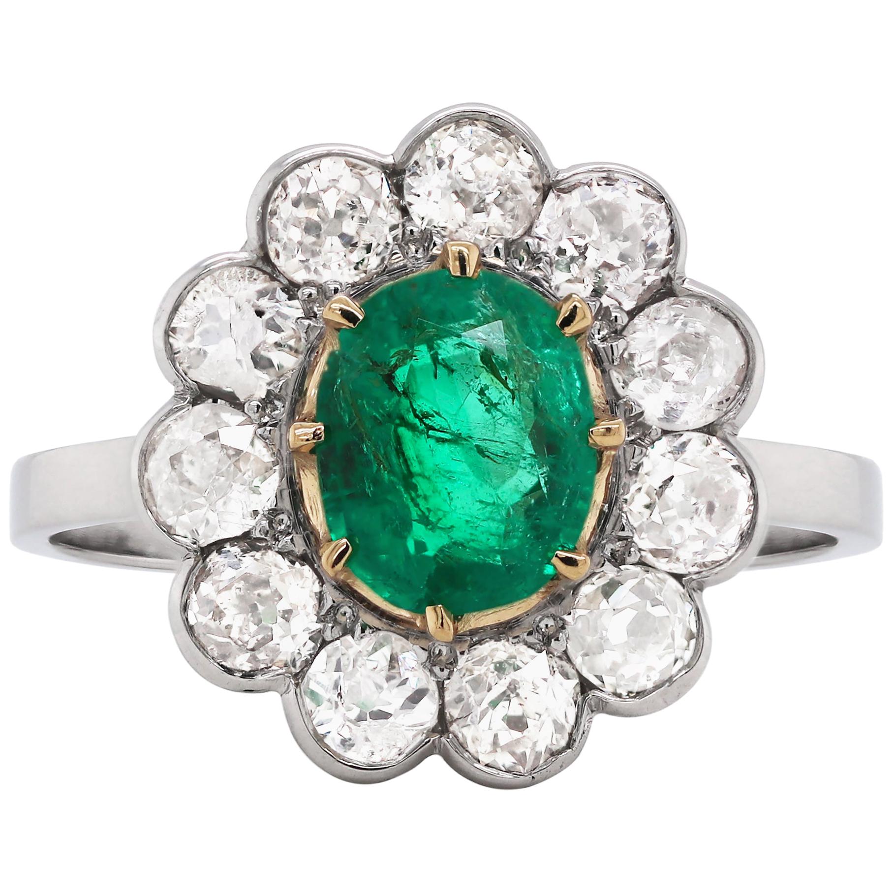 Antique Emerald and Diamond Platinum Coronet Cluster Ring, circa 1920s