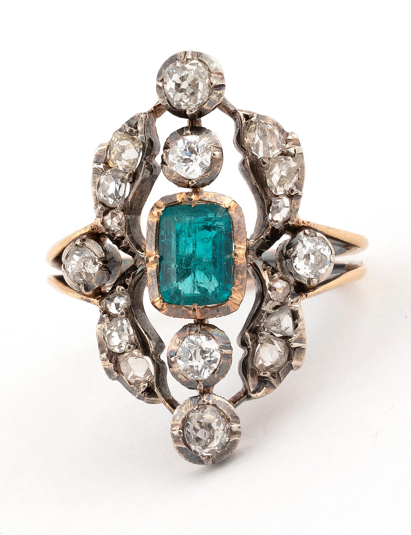 Emerald Cut Antique Emerald and Diamond Ring