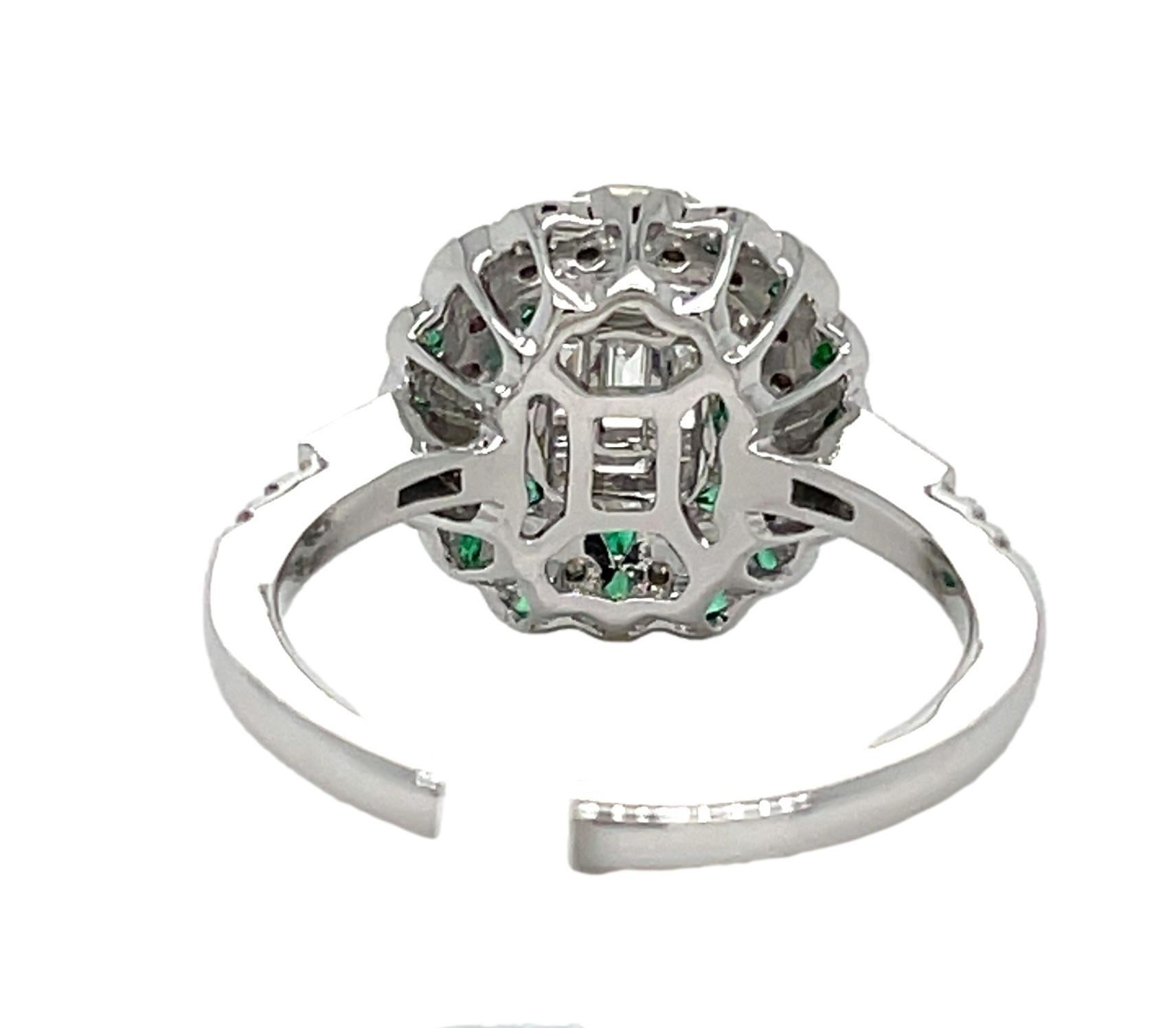 Baguette Cut Antique Emerald and Diamond Ring in 18k White Gold