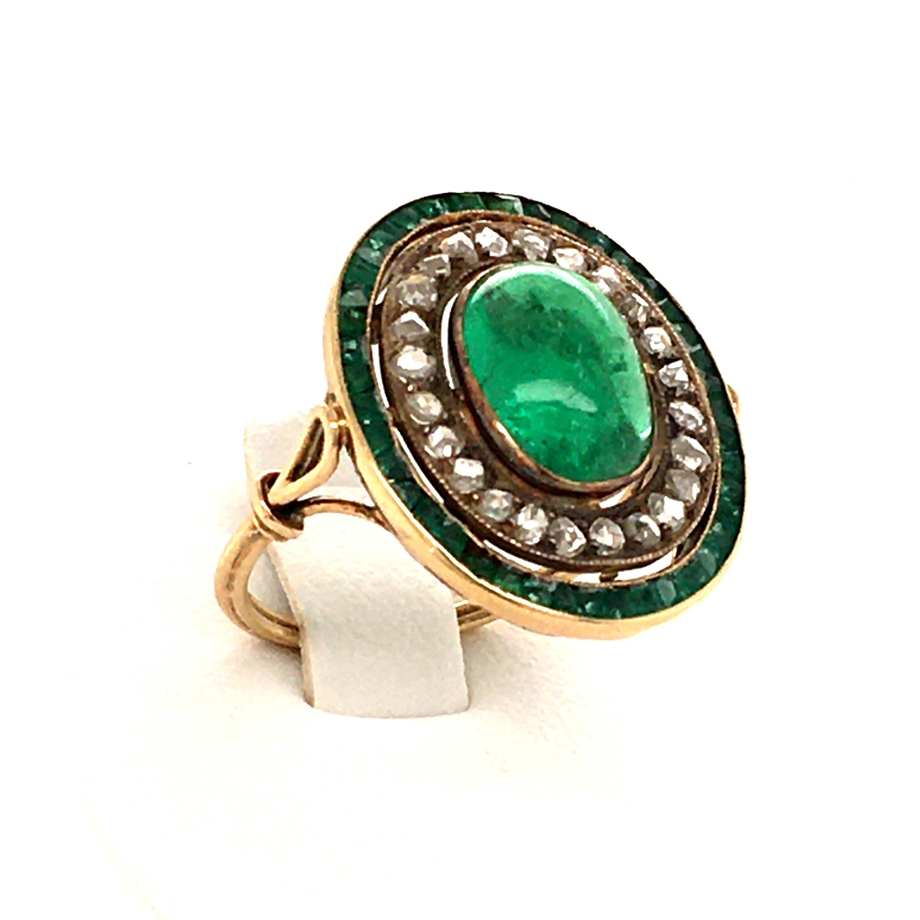 Oval Cut Antique Emerald and Diamond Ring in Yellow Gold