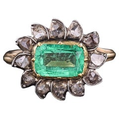 Antique Emerald and Diamond Ring of 14k Gold & Silver