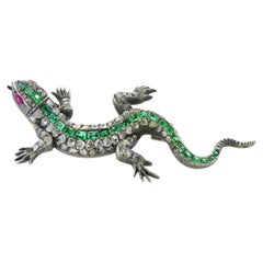 Antike Salamander-Brosche mit Smaragd und Diamanten, Französisch, um 1865.