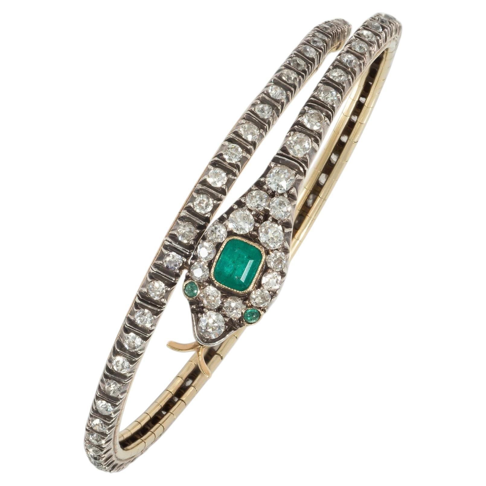 Antique emerald and diamond snake bracelet