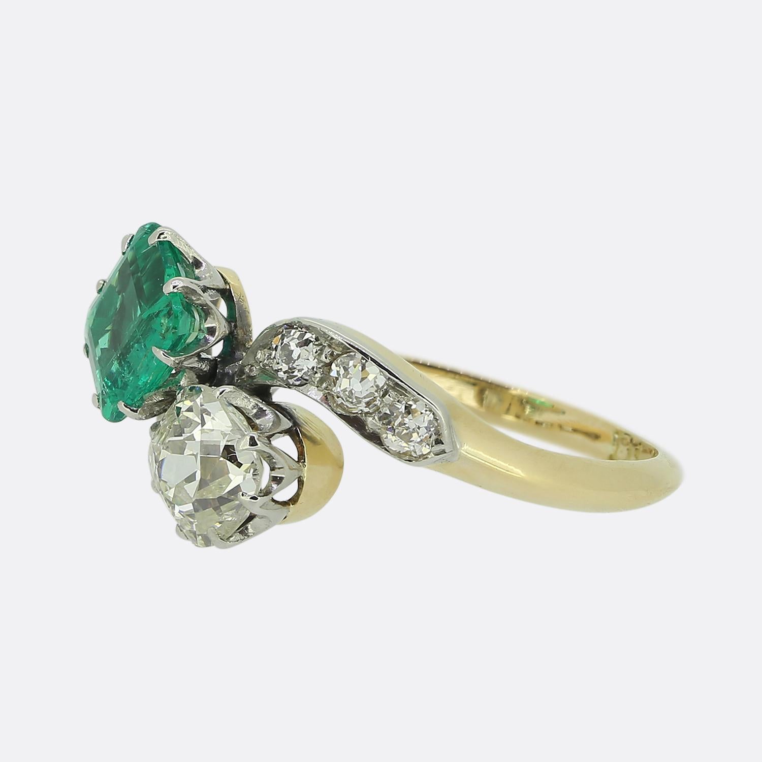 A very rare find, this original Edwardian Moi Et Toi diamond and Colombian emerald ring is completely unique and utterly romantic. Expertly crafted in the early 1900’s, the ring’s graceful, sweeping design features a 0.75 carat old cut diamond