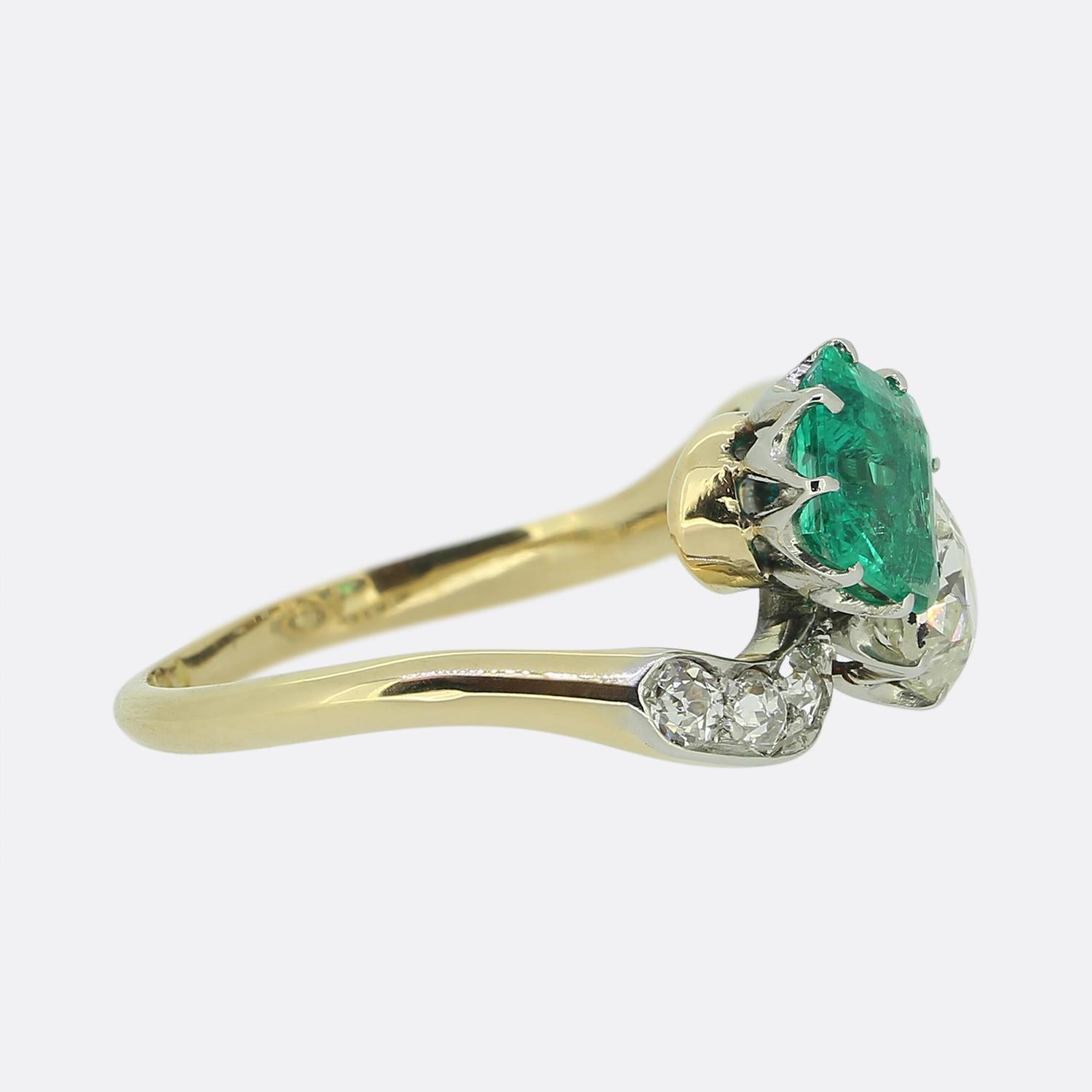 Emerald Cut Antique Emerald and Diamond Toi Et Moi Ring For Sale