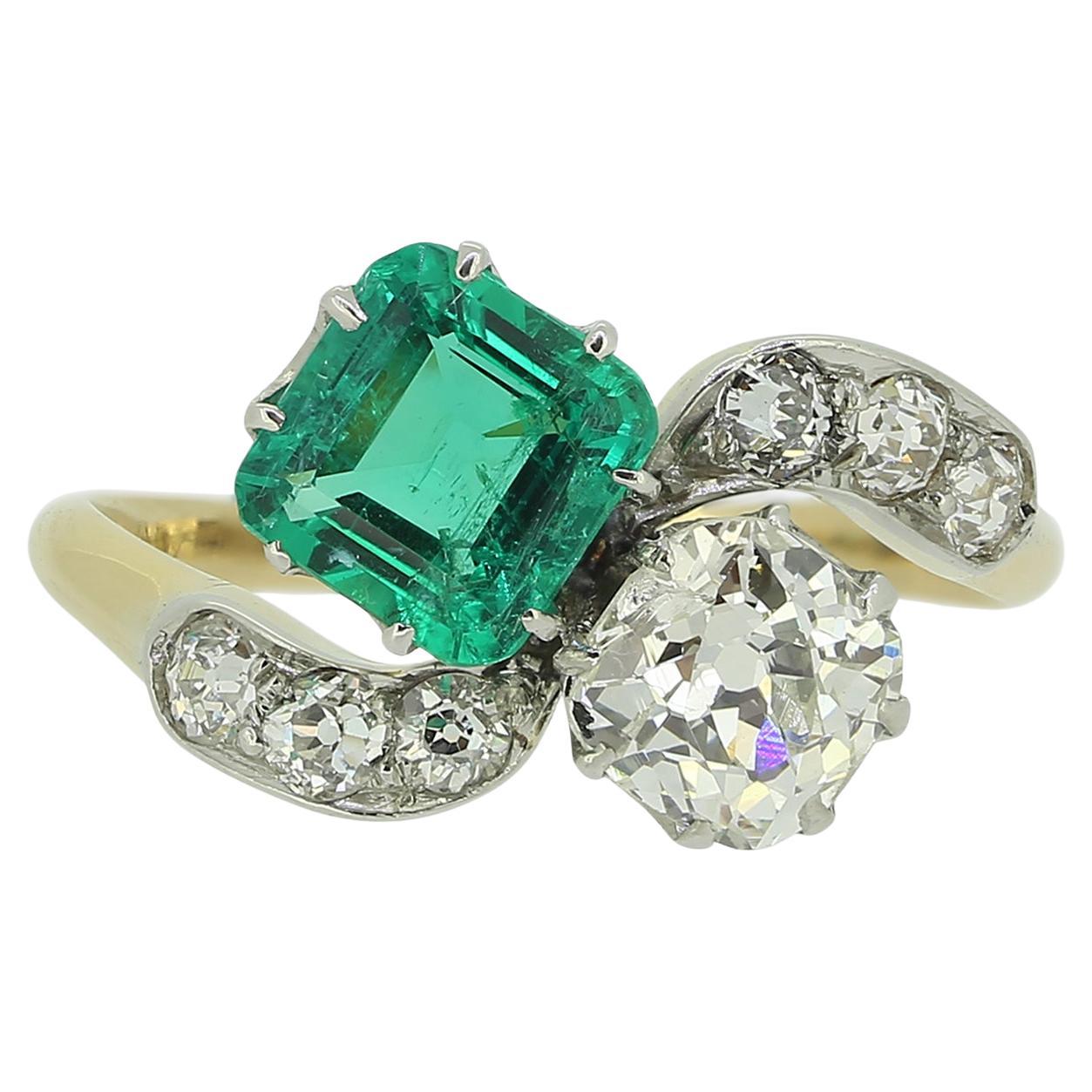Antiker Toi Et Moi-Ring mit Smaragd und Diamant