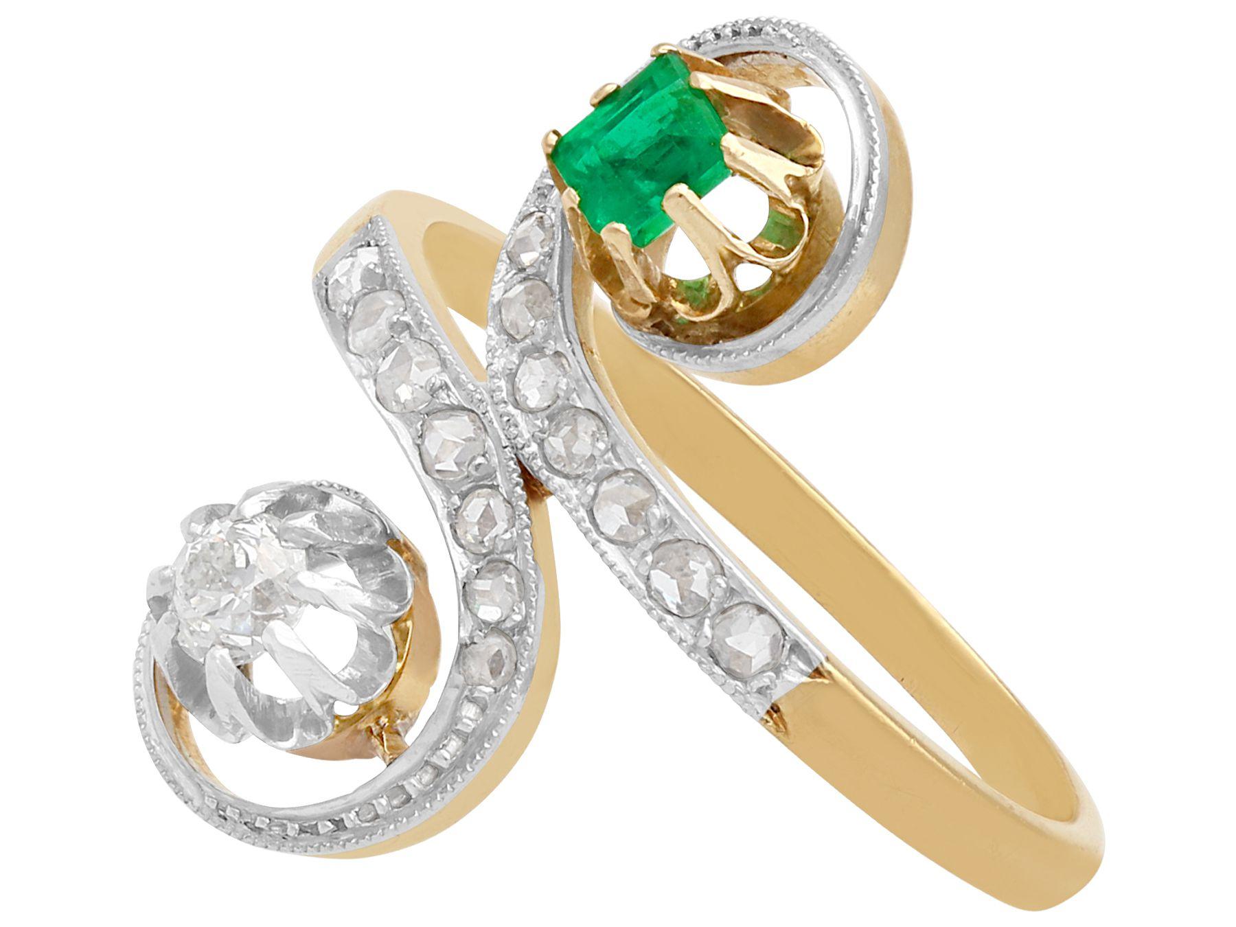 Square Cut Antique Emerald and Diamond Yellow and White Gold Set Cocktail Ring For Sale