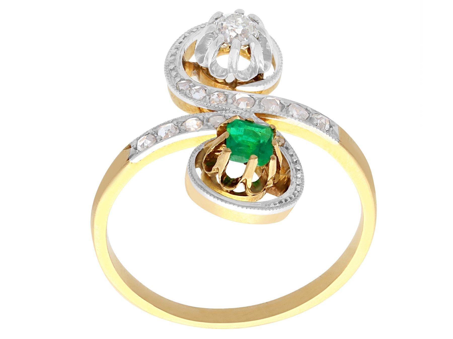 Women's Antique Emerald and Diamond Yellow and White Gold Set Cocktail Ring For Sale