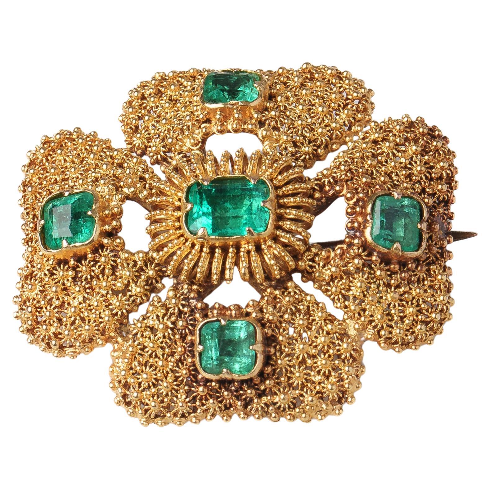 Antique Emerald and Gold Cannetile Maltese Cross Brooch/ Pendant