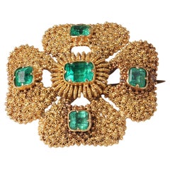 Antique Emerald and Gold Cannetile Maltese Cross Brooch/ Pendant