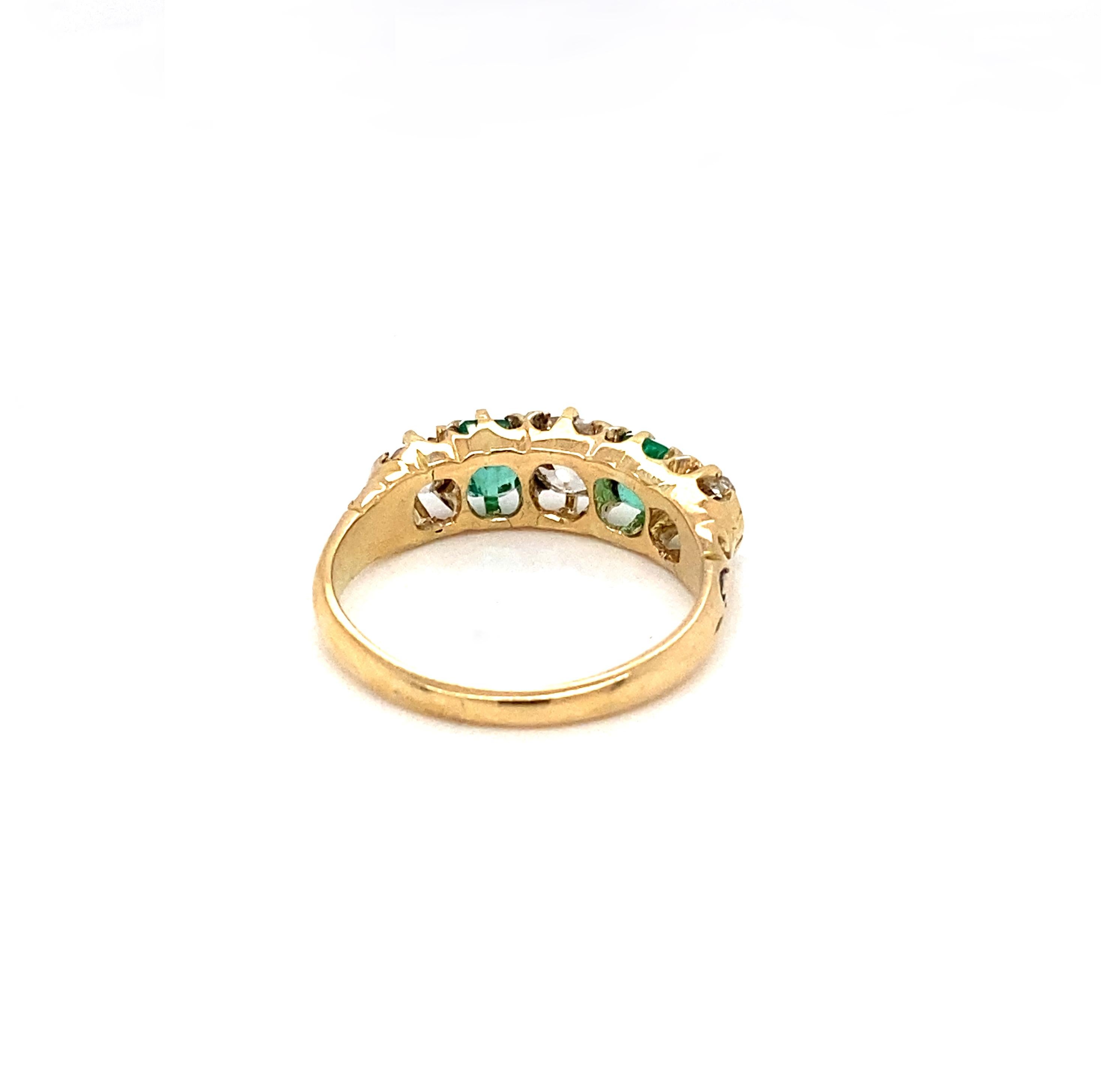 Old Mine Cut Antique Emerald and Old Cut Diamond 18 Carat Yellow Gold Five-Stone Ring, 1896 For Sale