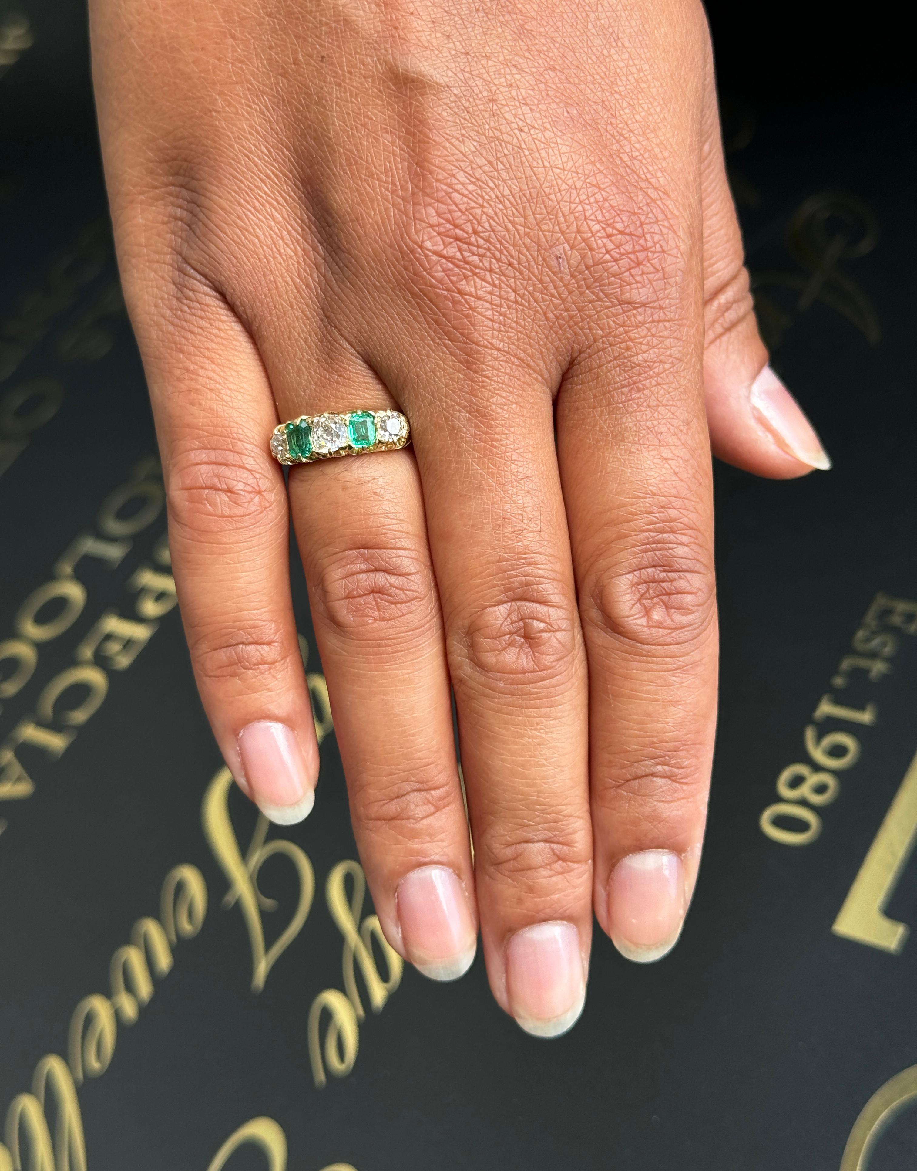 Antique Emerald and Old Cut Diamond 18 Carat Yellow Gold Five-Stone Ring, 1896 For Sale 1