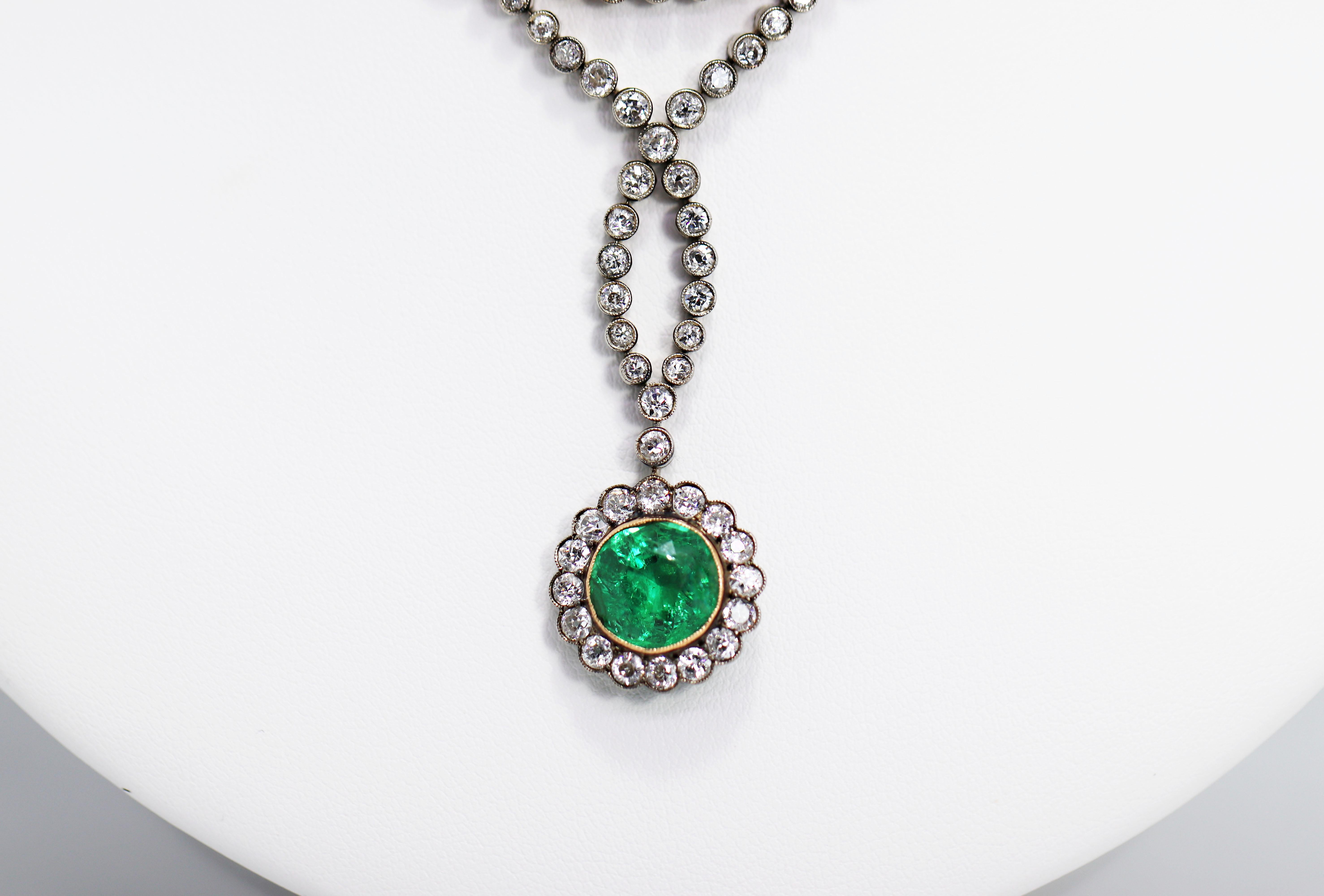 Antique Emerald and Old Cut Diamond Platinum and Gold Necklace, circa 1905 In Good Condition For Sale In London, GB